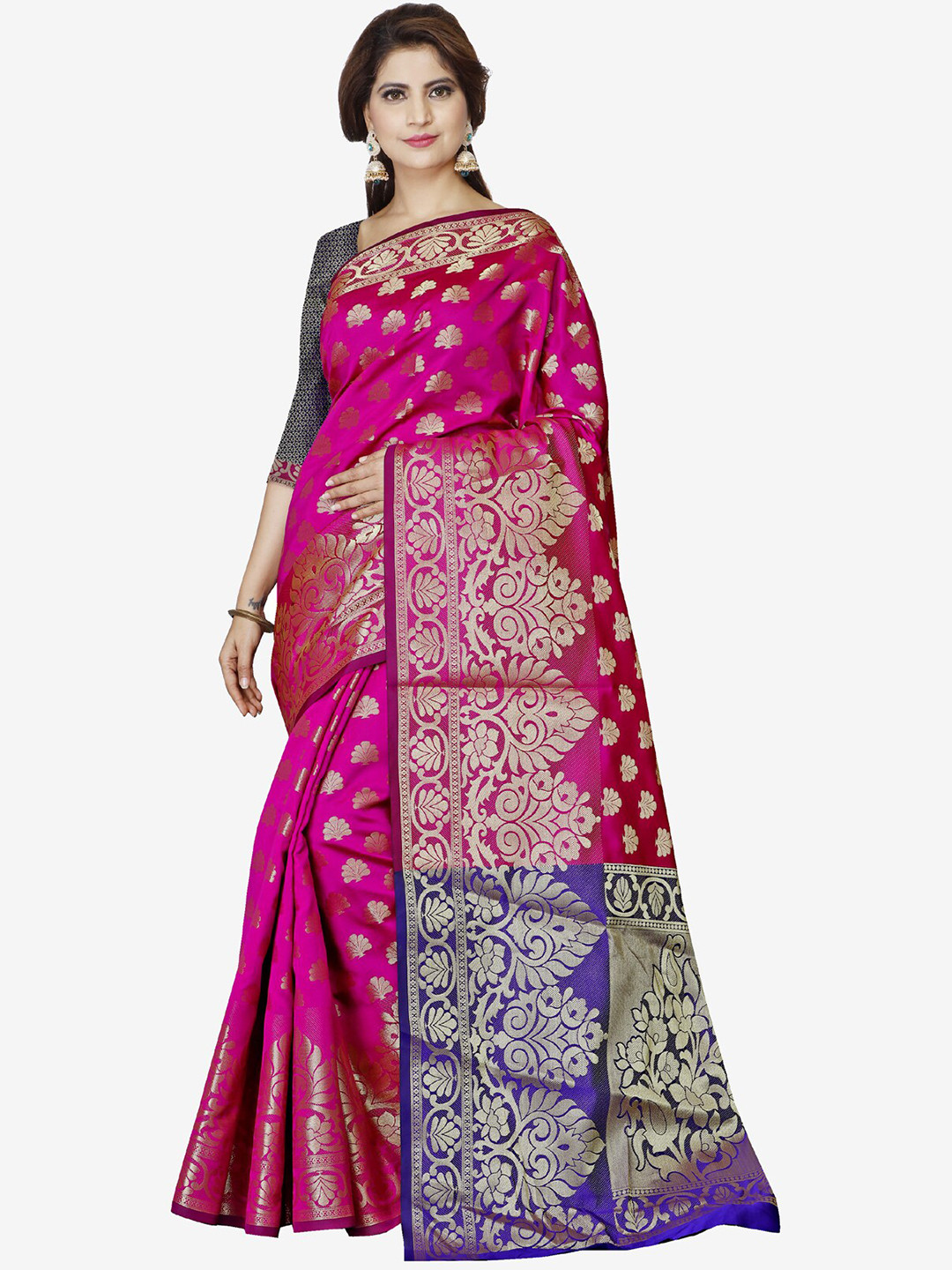 Indian Fashionista Pink & Navy Blue Woven Design Art Silk Saree