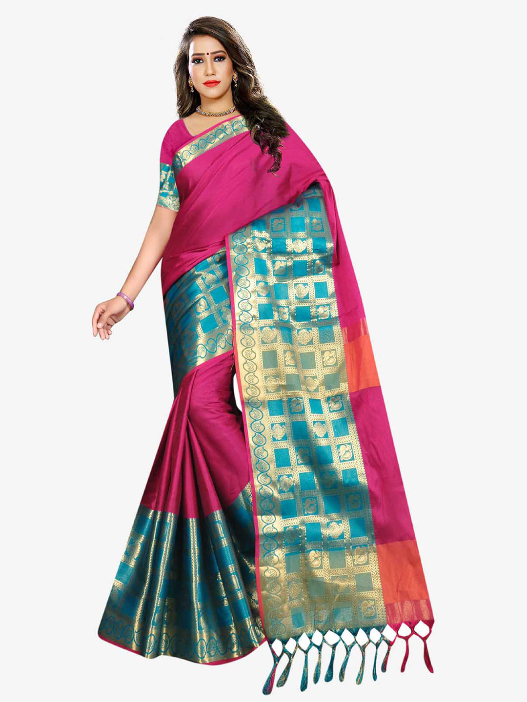 Indian Fashionista Pink & Blue Ethnic Motifs Zari Art Silk Kasavu Saree