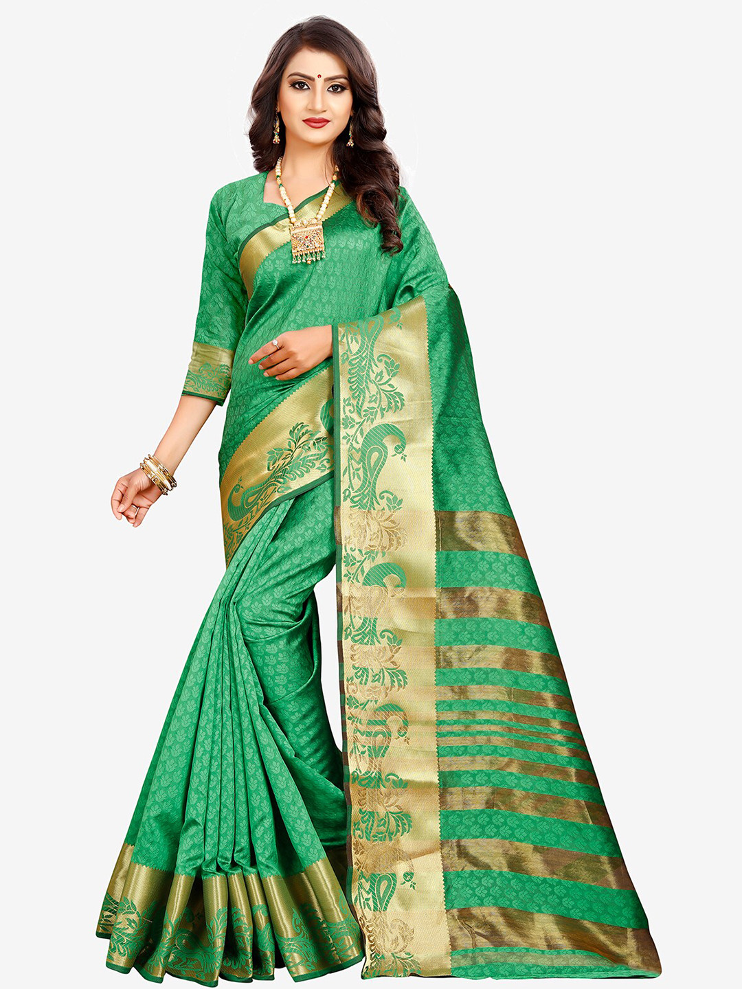 Indian Fashionista Green & Gold-Toned Woven Design Zari Art Silk Kasavu Saree