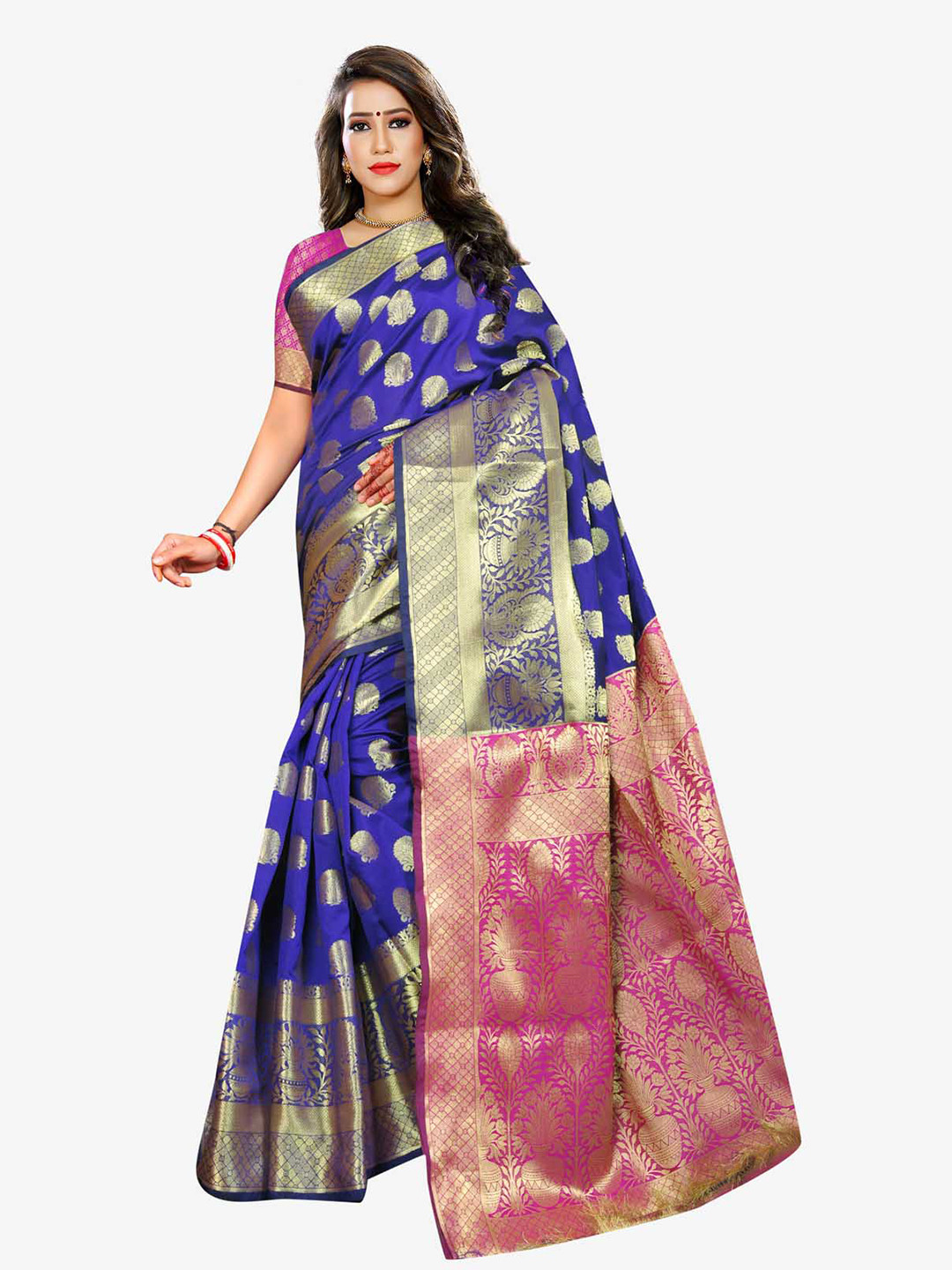 Indian Fashionista Blue & Gold-Toned Woven Design Zari Art Silk Banarasi Saree