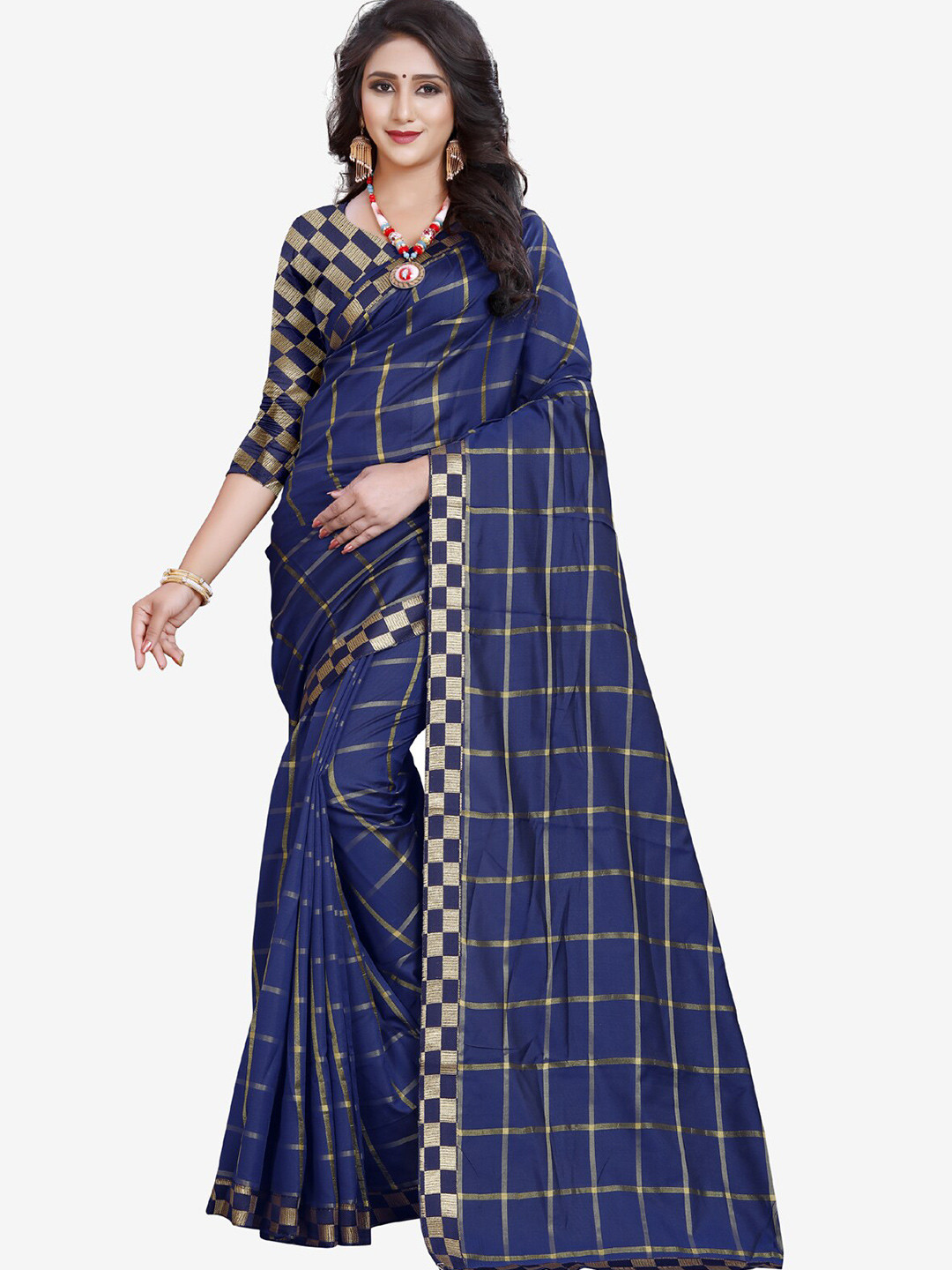 Indian Fashionista Navy Blue & Gold-Toned Checked Zari Lace Mysore Silk Saree