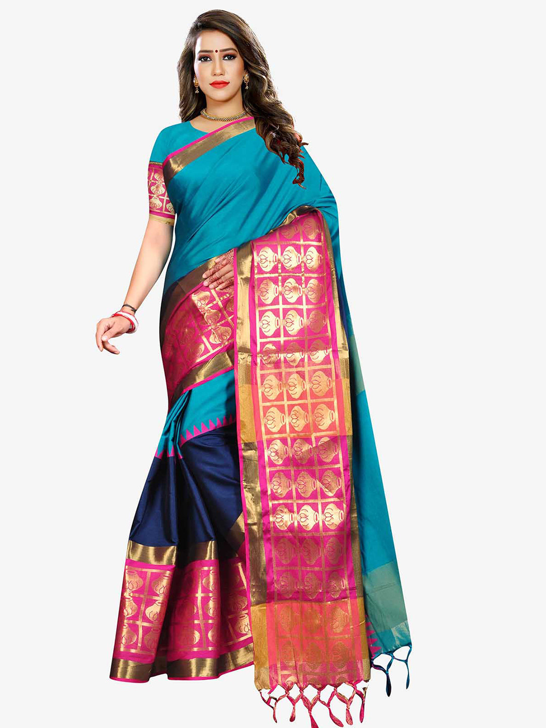 Indian Fashionista Turquoise Blue & Pink Woven Design Zari Art Silk Banarasi Saree