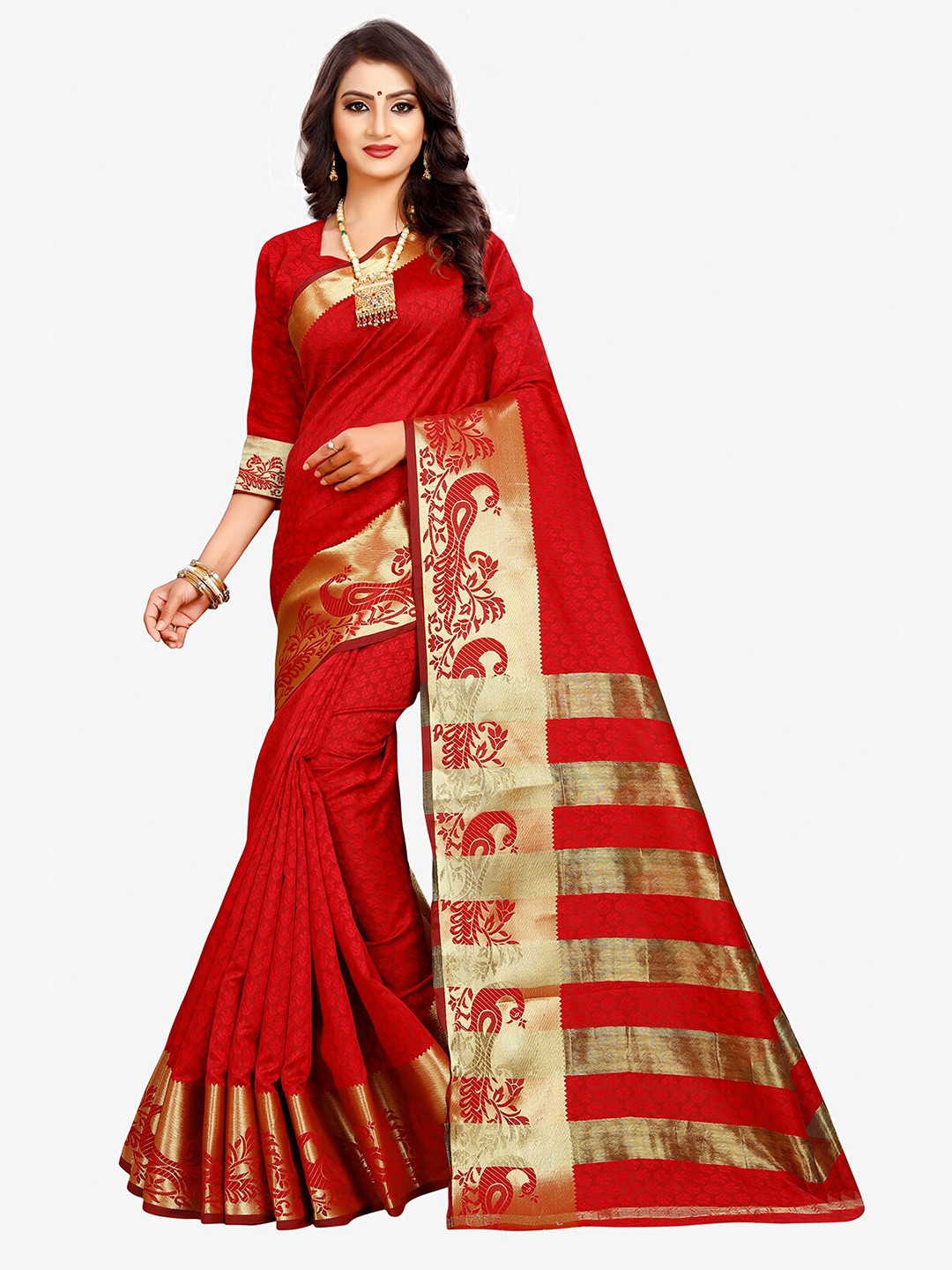 Indian Fashionista Red & Gold-Toned Woven Design Art Silk Kasavu Saree