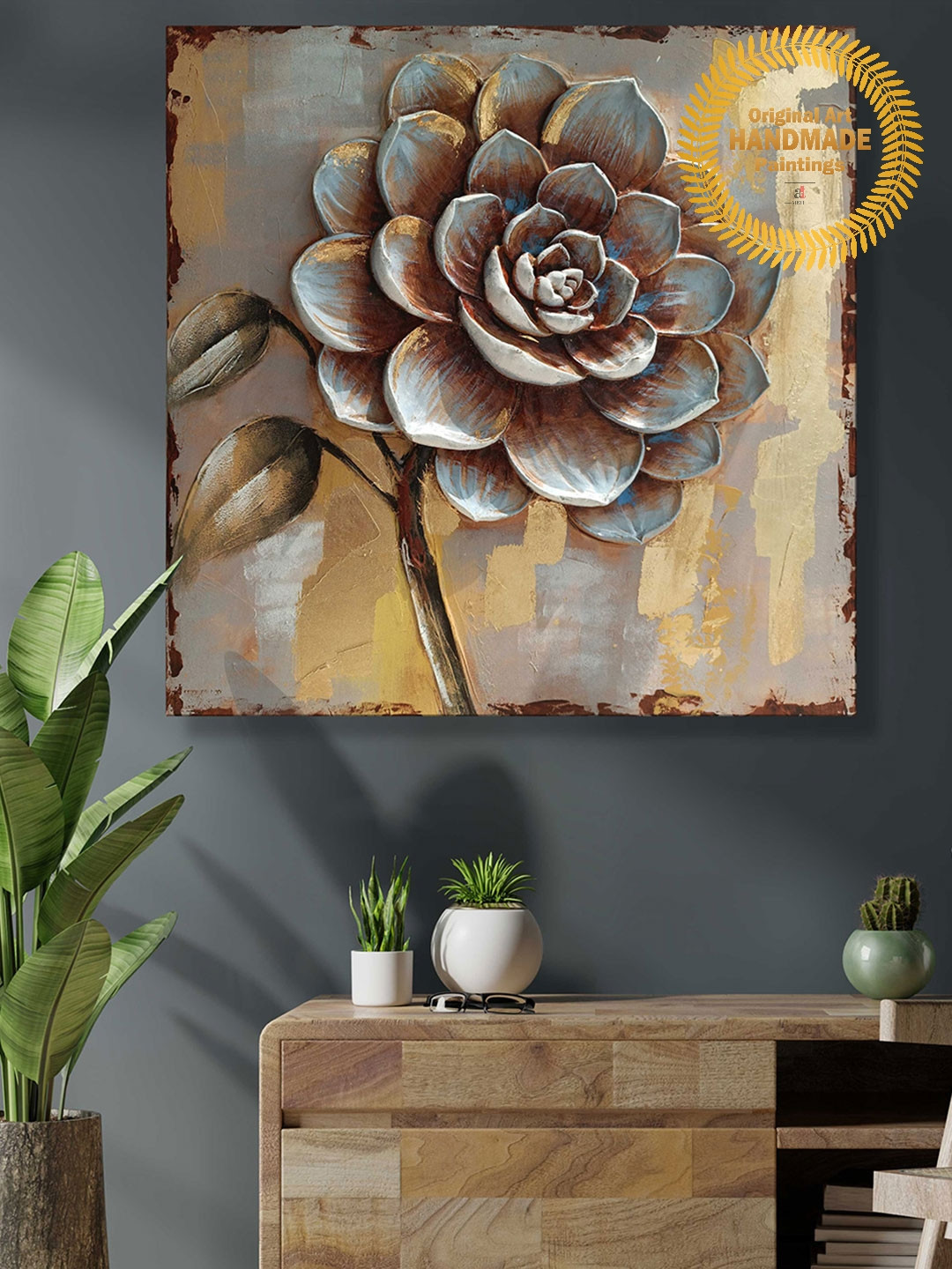 Art Street Grey & Brown Floral Handmade Original Wall Painting