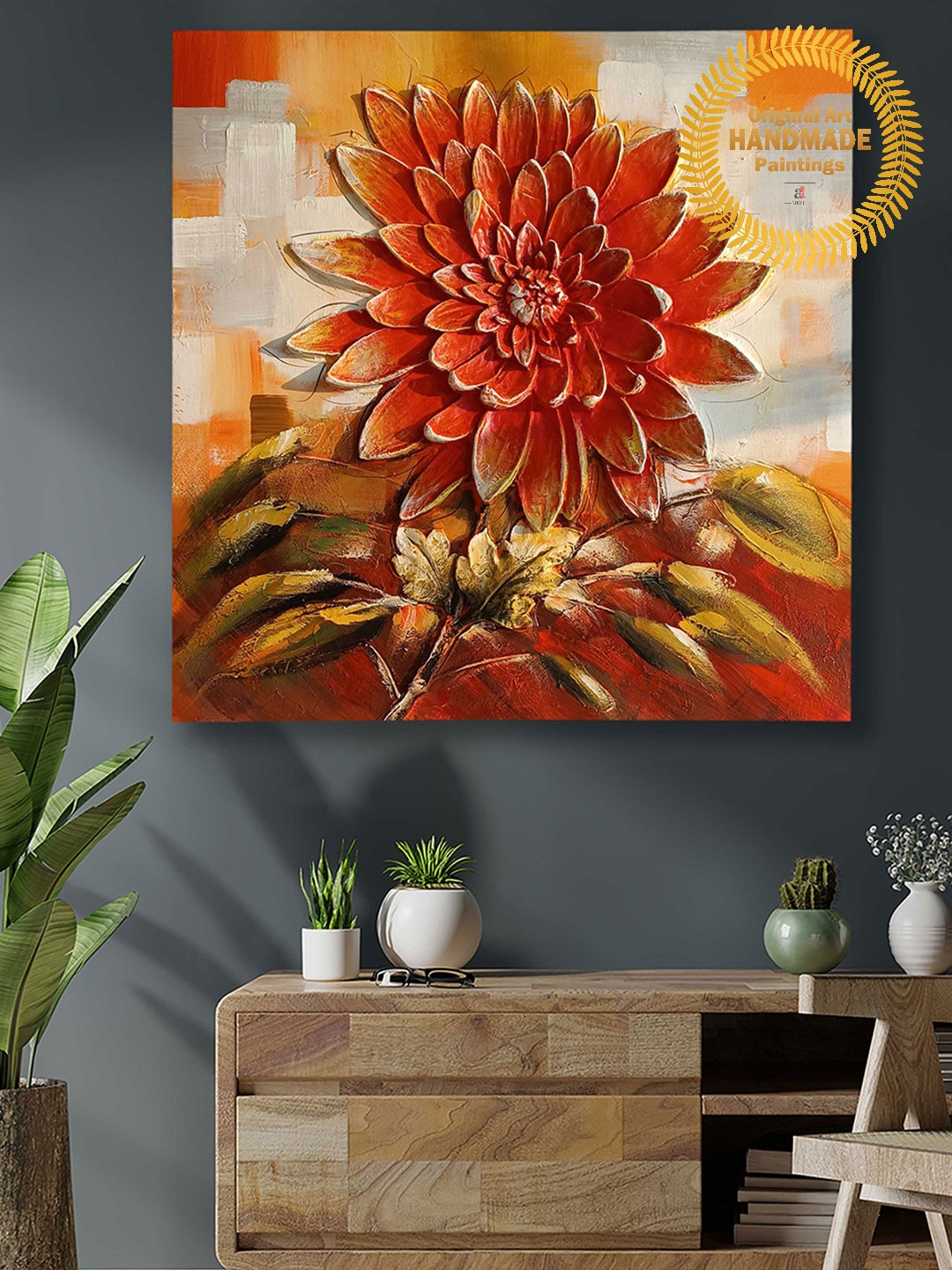 Art Street Orange Sunflower Wood Wall Square Paintings Wall Art -31 x 31 In