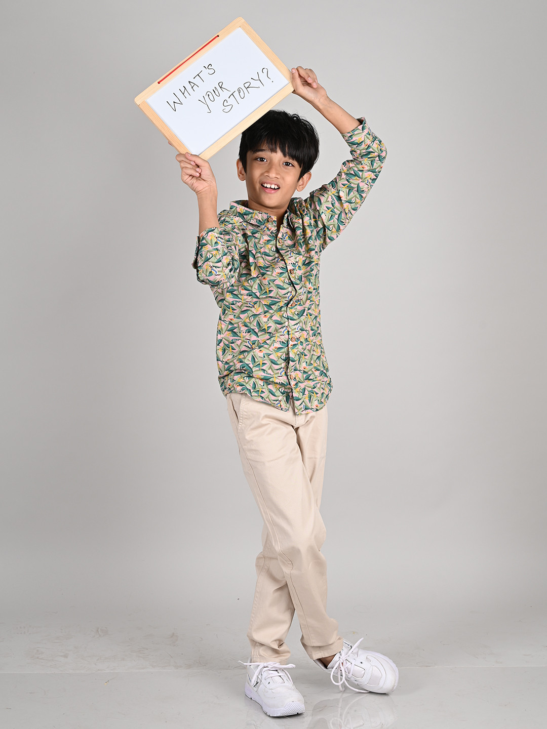 TALES & STORIES Boys Olive Green Printed Cotton Casual Shirt