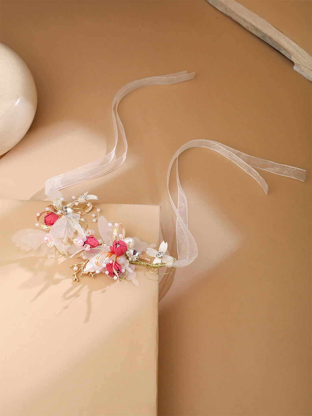 Yellow Chimes Women Gold-Toned & White Bridal Wedding Fabric Wrist Band Bracelet