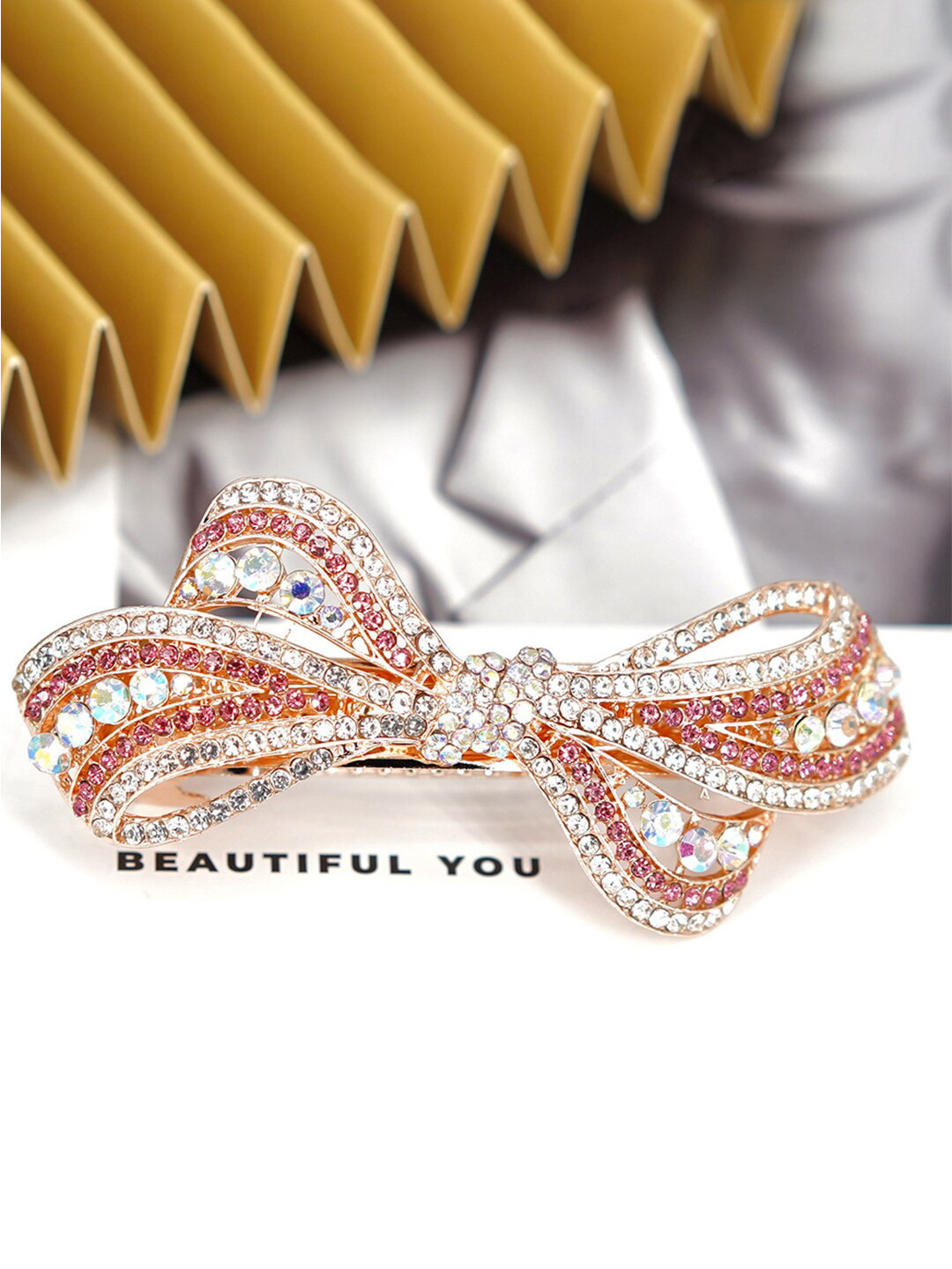 Yellow Chimes Women Pink & Silver-Toned Crystal French Barrette