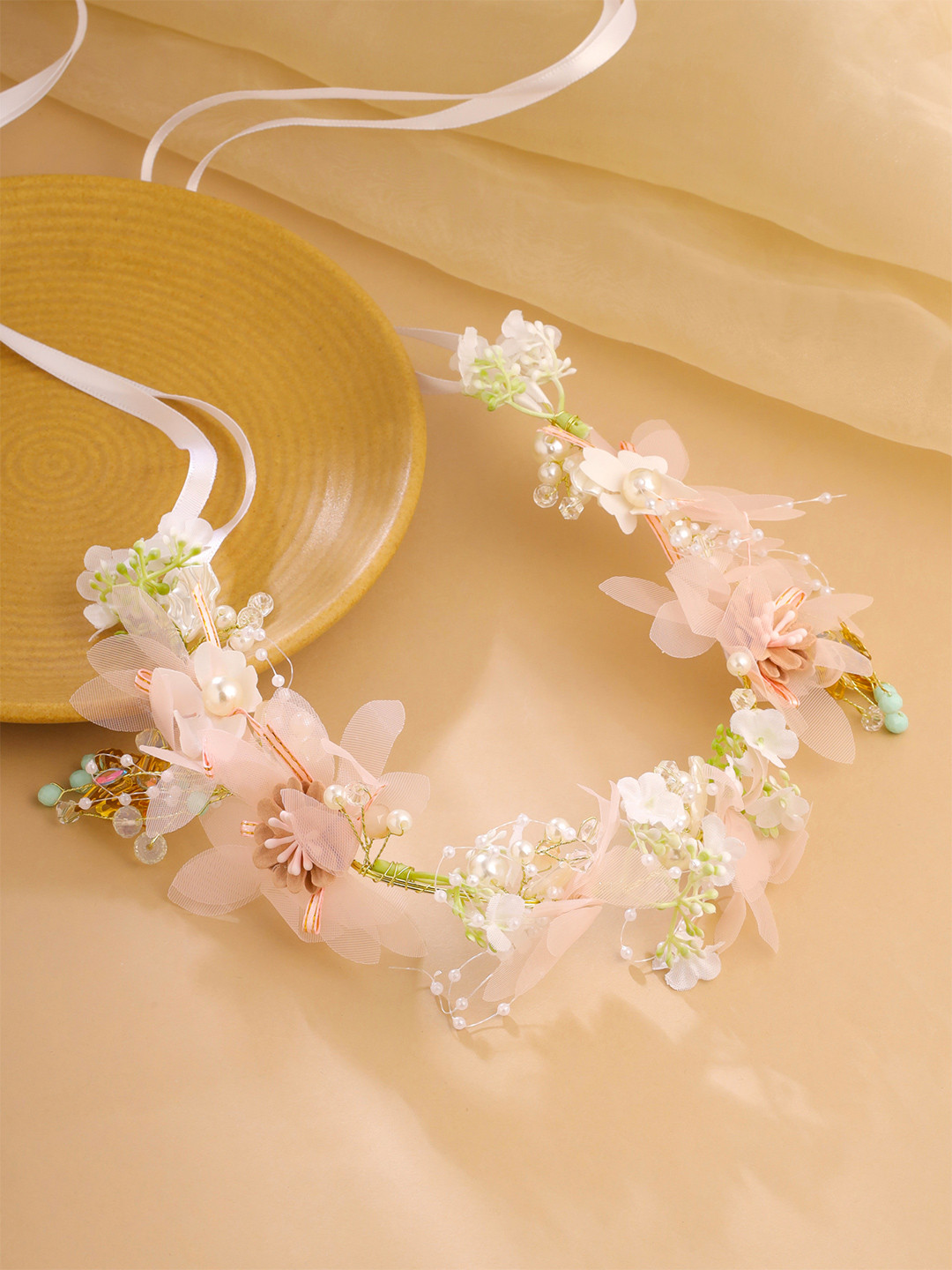 Yellow Chimes Women Floral White Wedding Bridal Tiara Headband