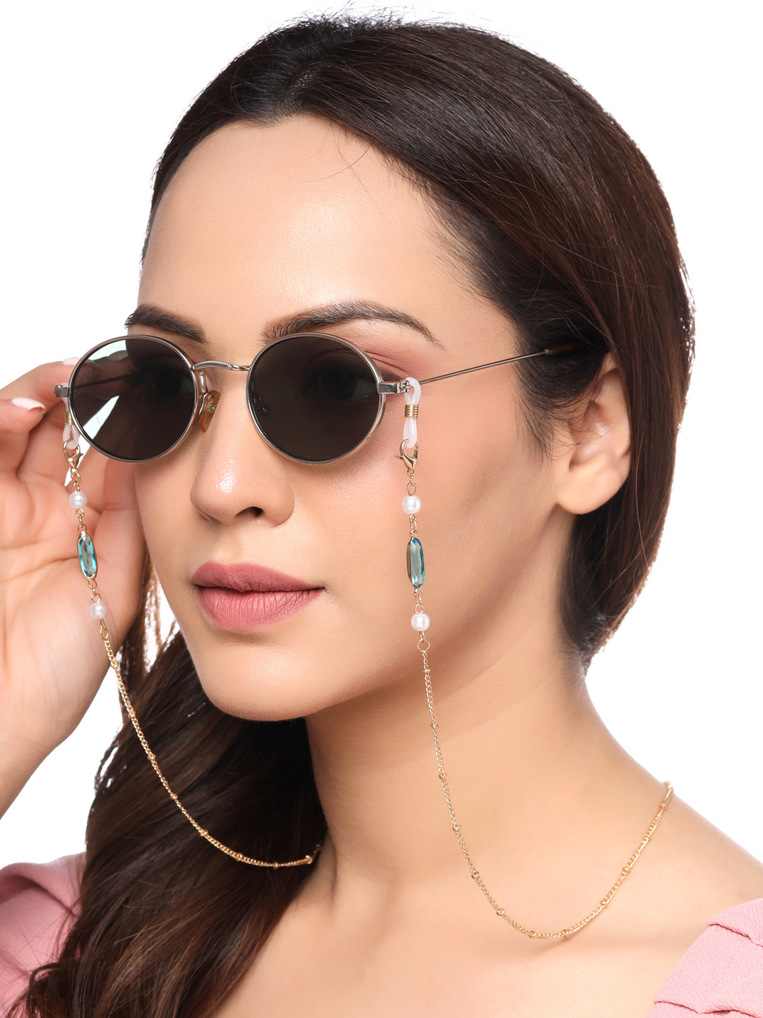 Yellow Chimes Gold-Toned & White Pearl Beaded Mask & Sunglasses Chain