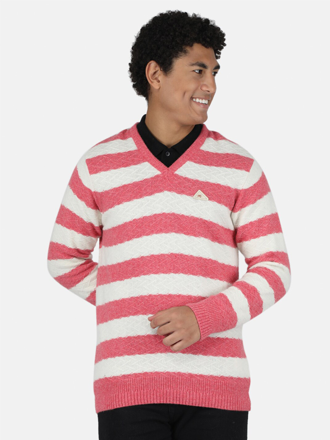 Monte Carlo Men Pink & White Colourblocked Wool Striped Pullover