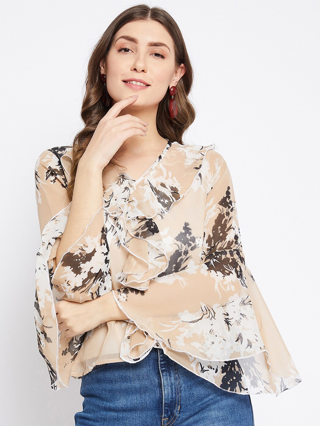 Bitterlime Brown Floral Print Bell Sleeves Georgette Top