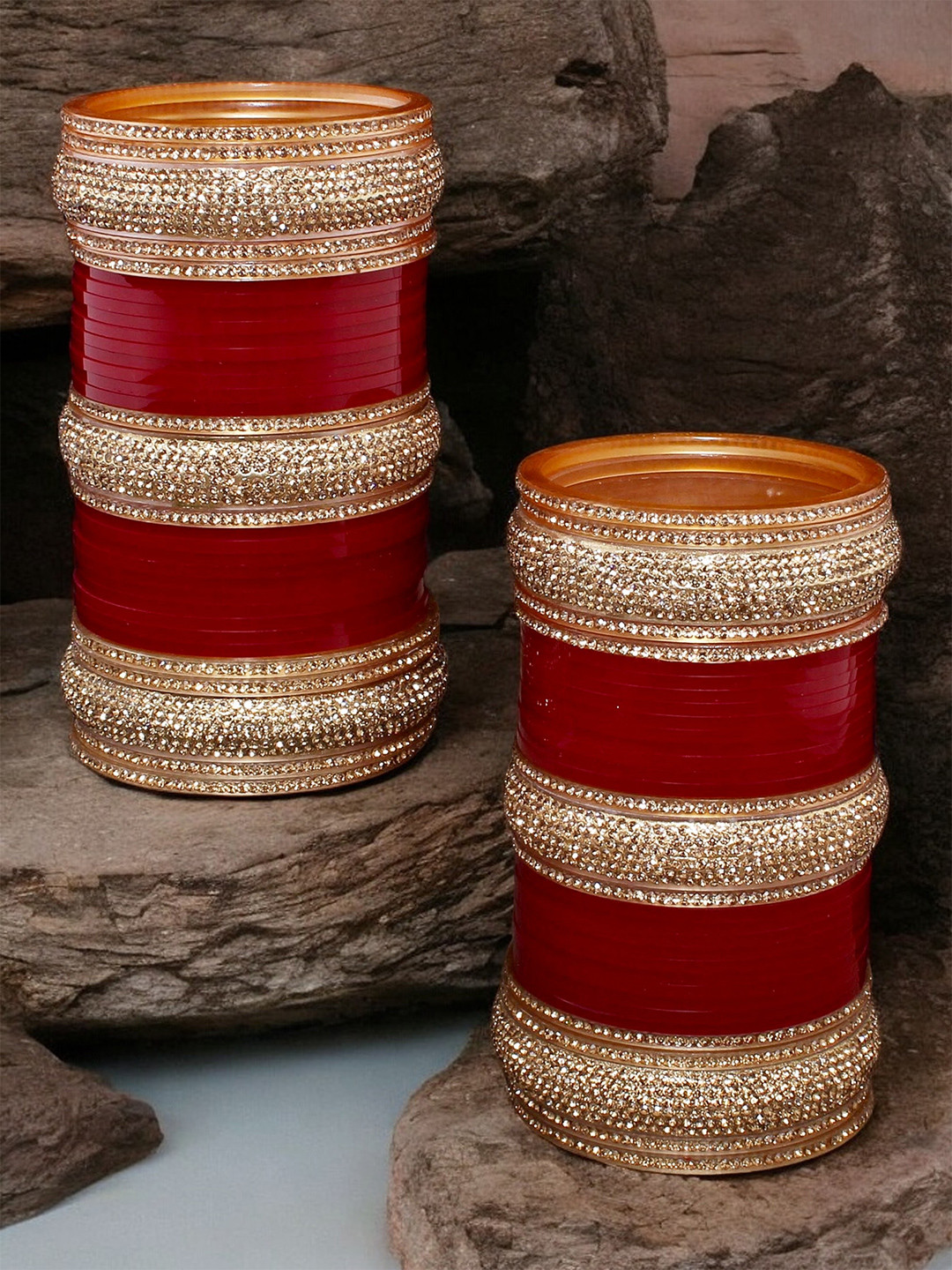 LUCKY JEWELLERY Women Maroon & Set of 2 Gold-Plated Stone Studded Punjabi Designer Chuda