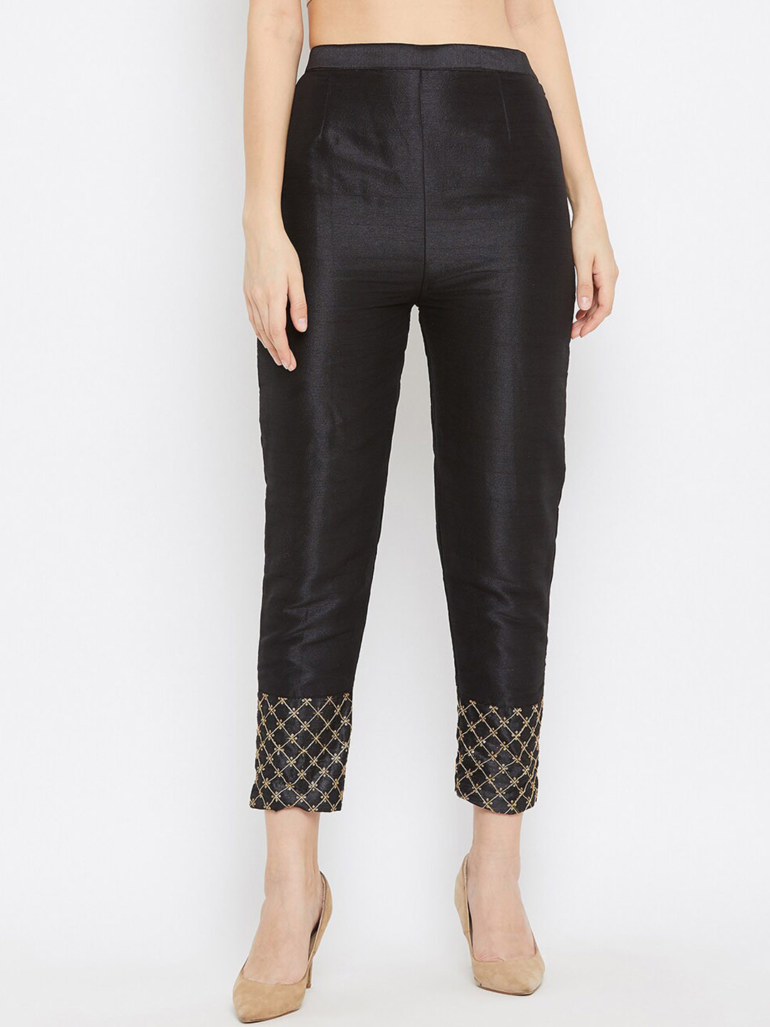 Clora Creation Women Black Embroidered Hem Smart Easy Wash Pleated Trouser