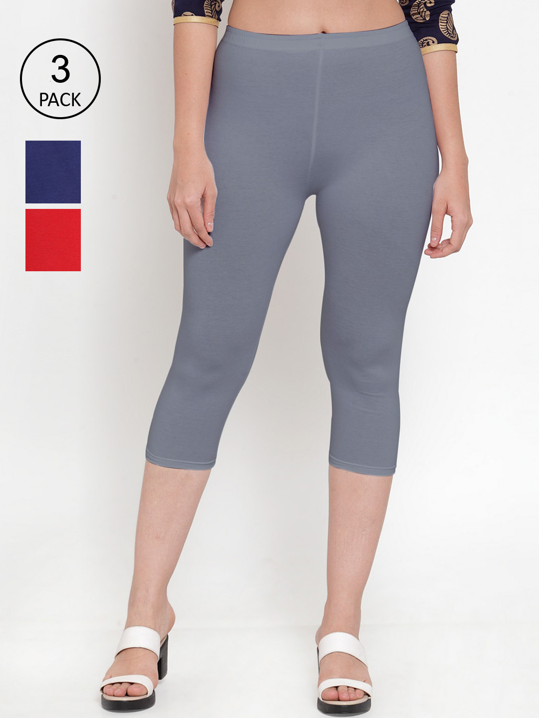 Jinfo Women Pack Of 3 Red & Grey Mid-Rise Capris