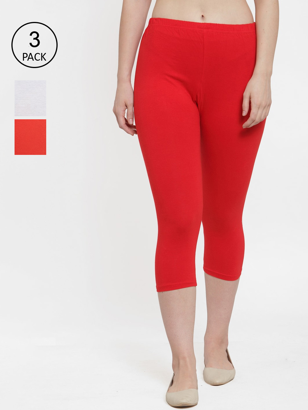Jinfo Women White And Red Pack of 3 Capris
