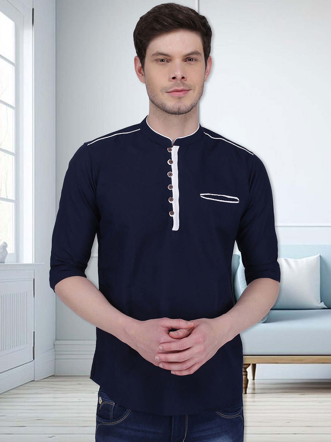 Kuons Avenue Men Navy Blue Linen Casual Short Kurta