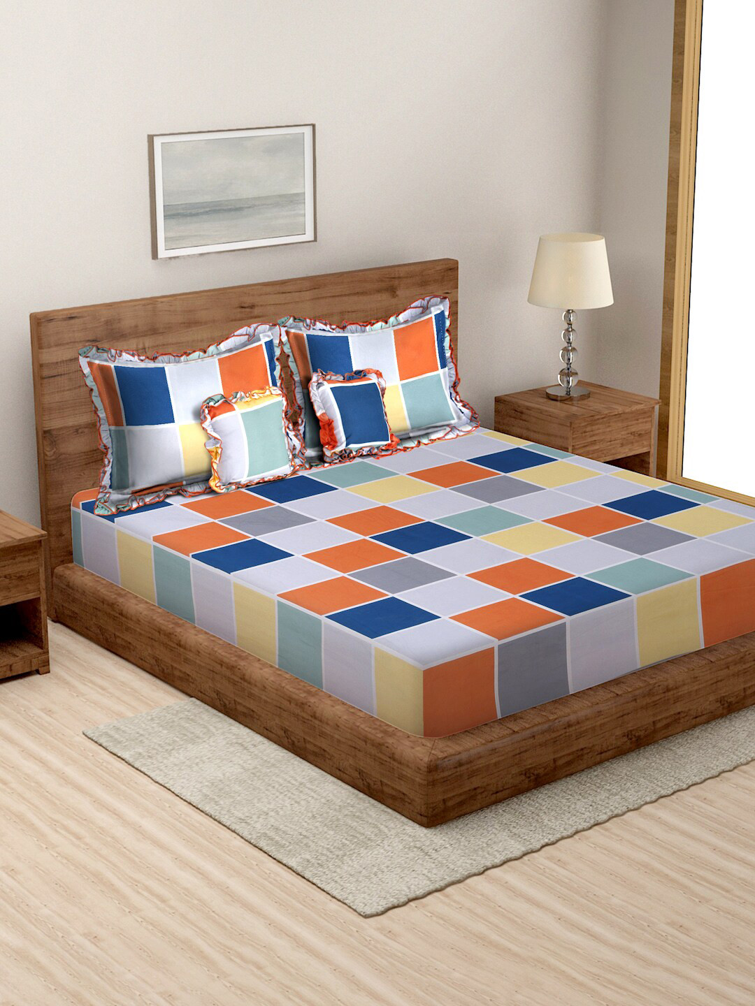 MORADO Blue & Orange Geometric Printed 5 Pcs Frill Bedding Set