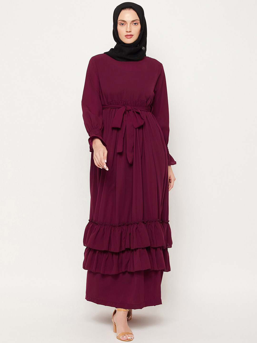 NABIA Women Maroon Solid Abaya Burqas