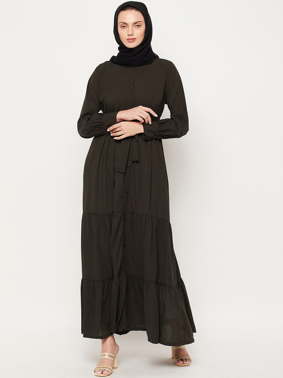 NABIA Women Olive Black Solid Tiered Abaya Burqas