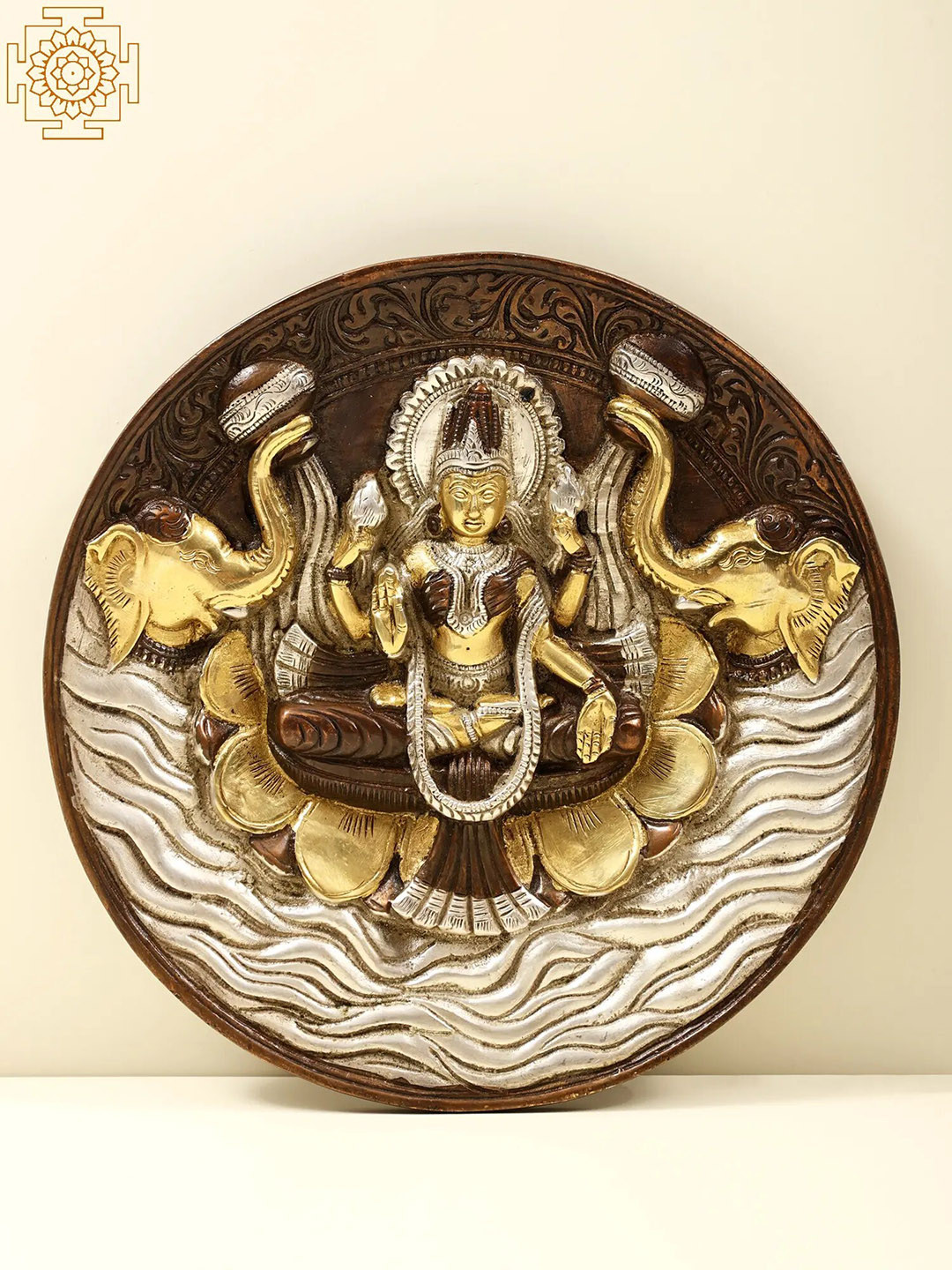 Exotic India Goddess Lakshmi Wall Hanging Brass Antique Spiritual Wall Decor-7.5In
