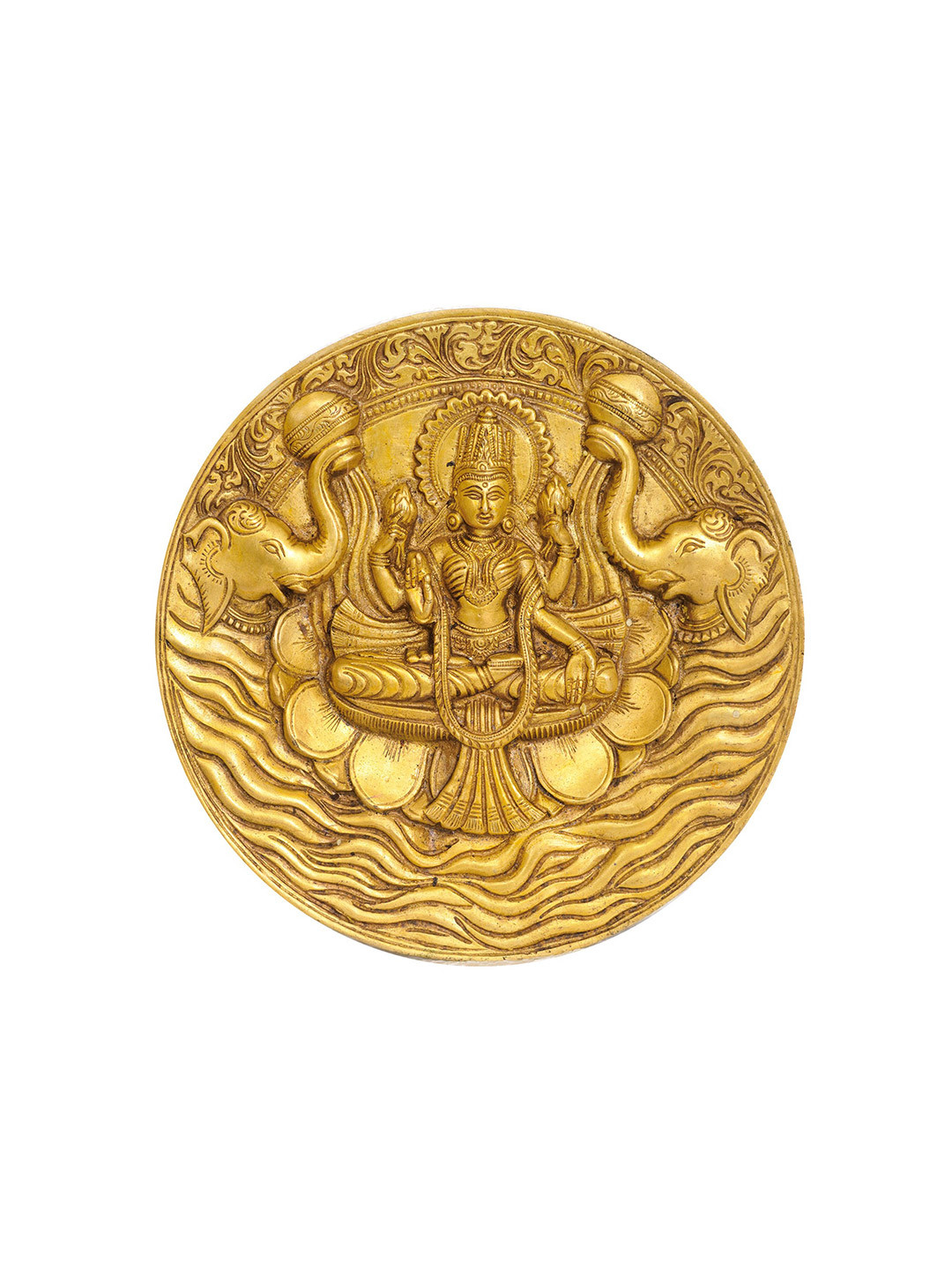 Exotic India Gold Toned Rising Over The Tide Lakshmi Brass Wall Art