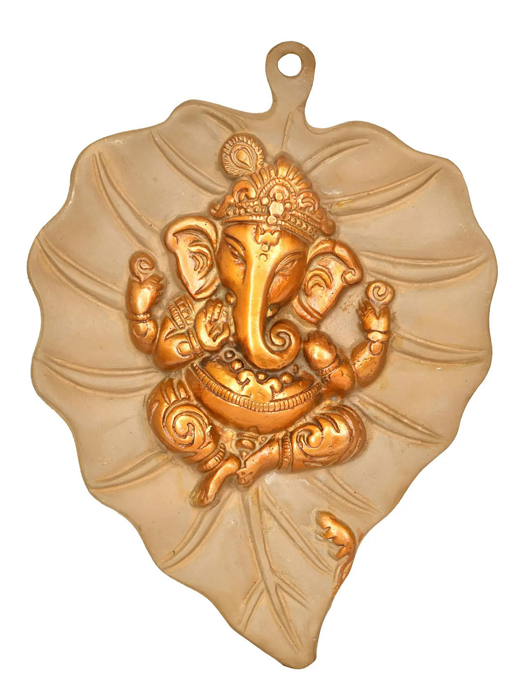 Exotic India Pipal Leaf With Central Ganesha Motif Brass Glossy Spiritual Wall Decor-8In