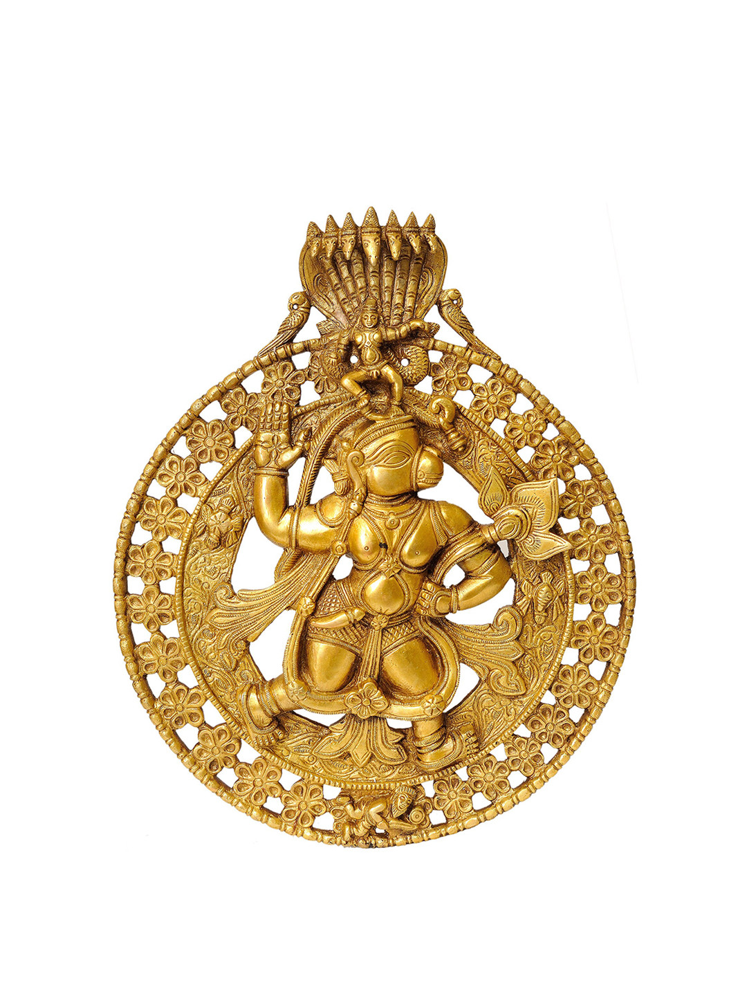 Exotic India Lord Hanuman Carrying Lotus Flower and Krishna on the Top Brass Spiritual Wall Decor-12In