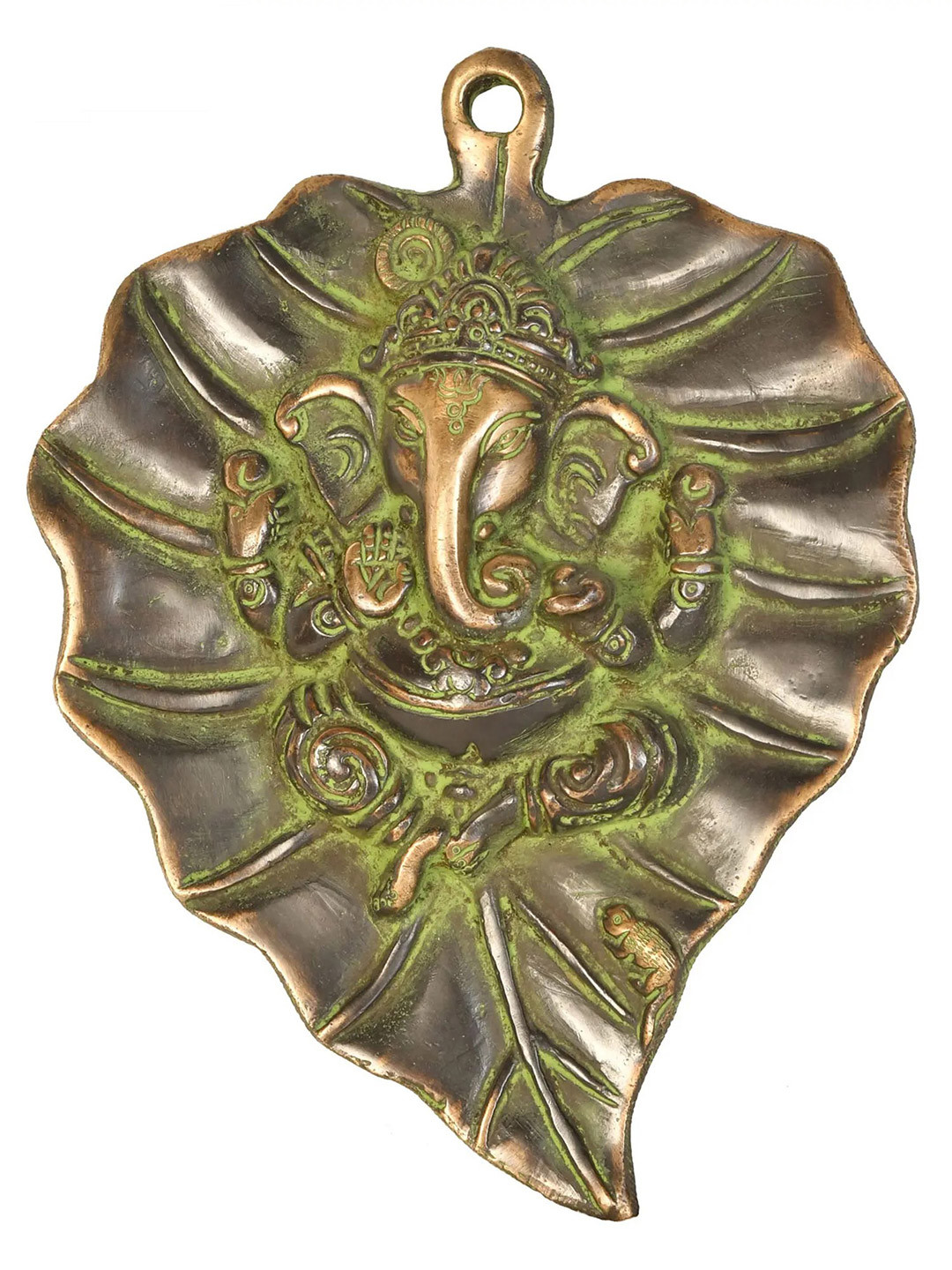 Exotic India Pipal Leaf With Central Ganesha Motif Brass Antique Spiritual Wall Decor