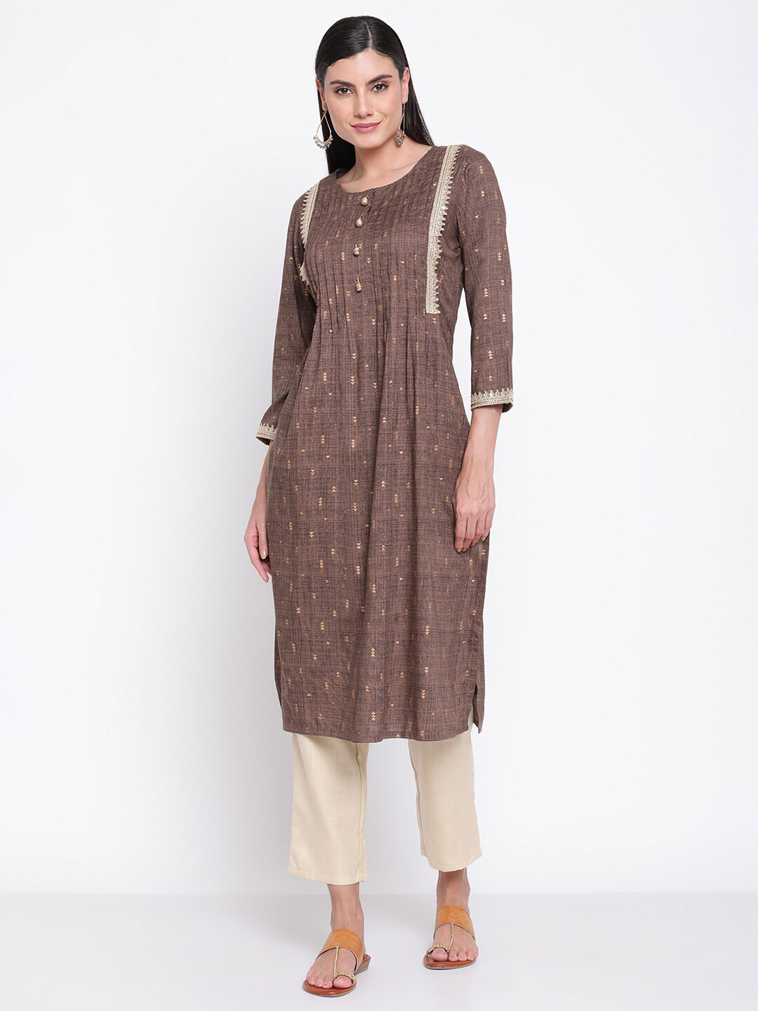 Be Indi Women Round Neck Checked Straight Side Slits Regular Kurta