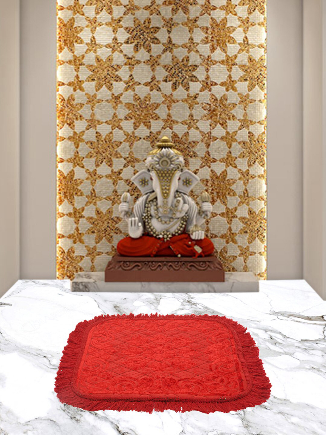 Kuber Industries Red  Set Of 4 Circle Printed Velvet Carpets