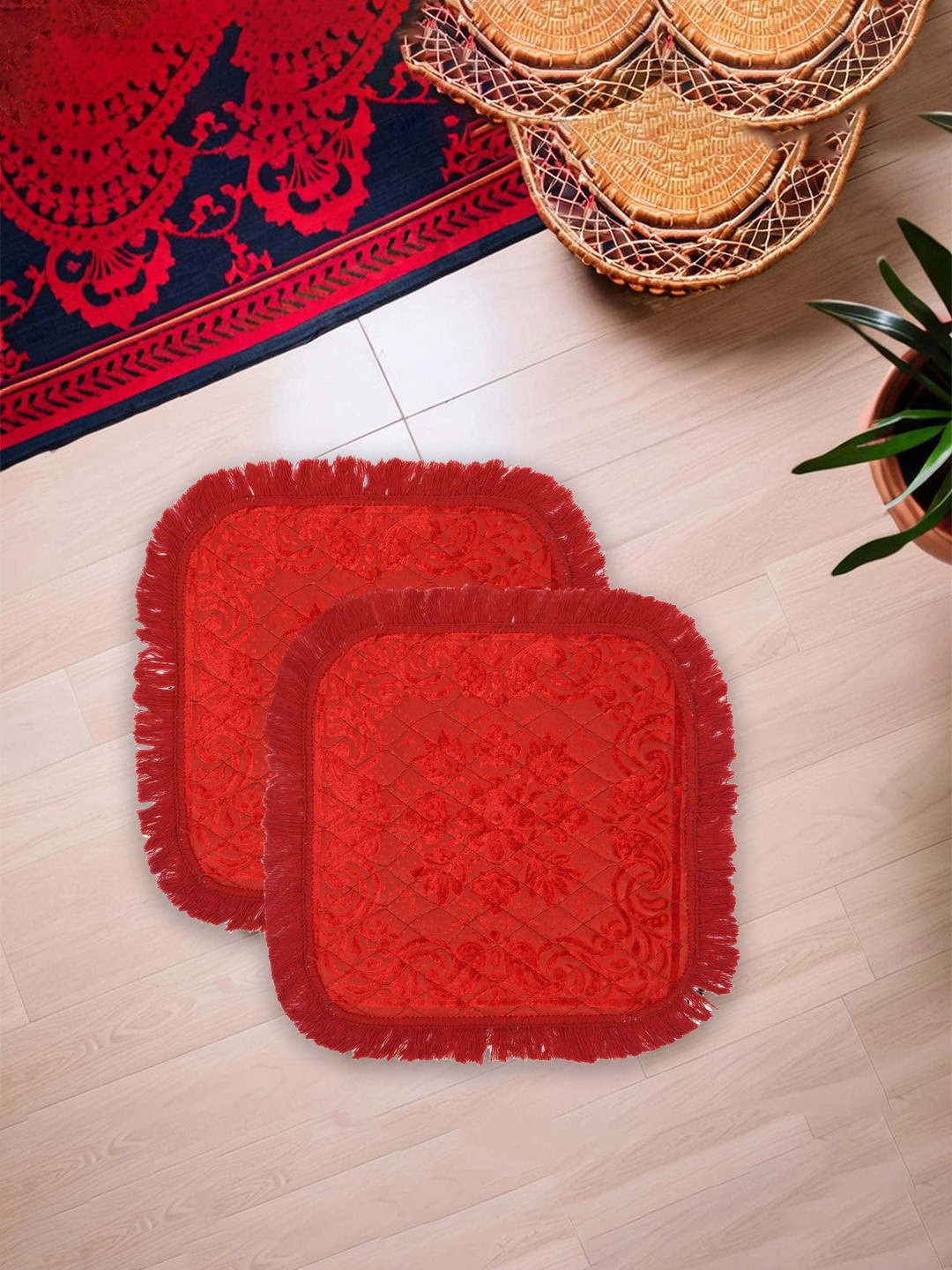 Kuber Industries Set Of 2 Red Printed Anti-Skid Pooja Carpets