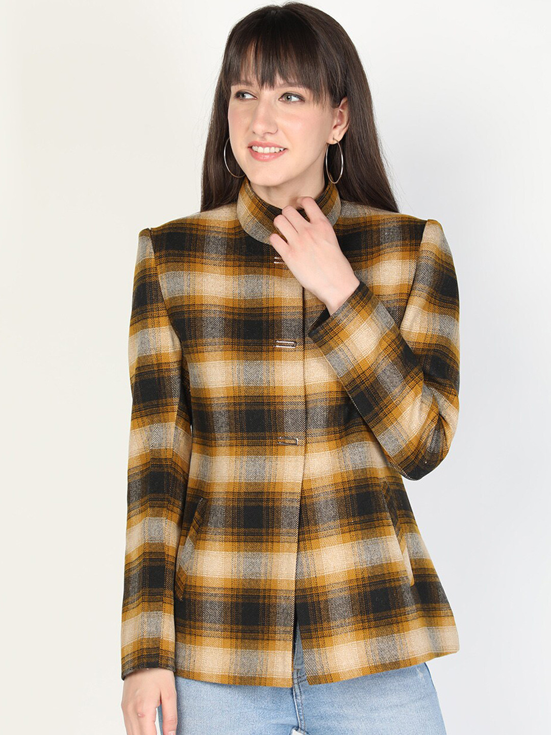 PROTEX Women Mustard Checked Winter Stylish Coat