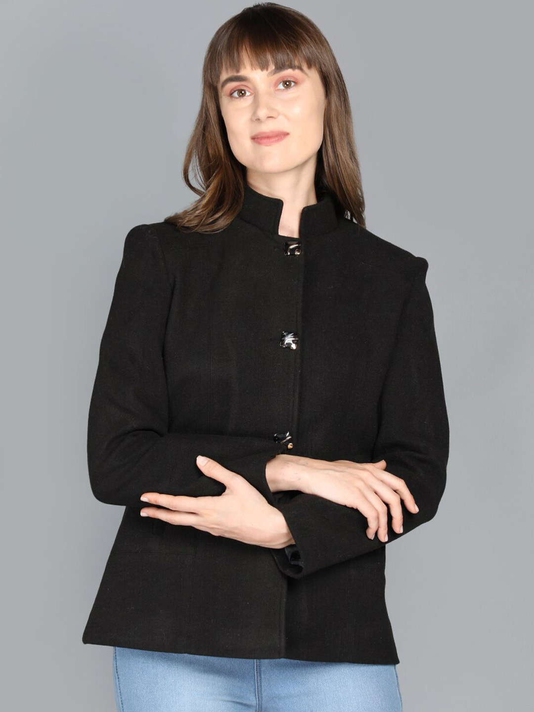 PROTEX Women Black Solid Stand Collar Over Coat