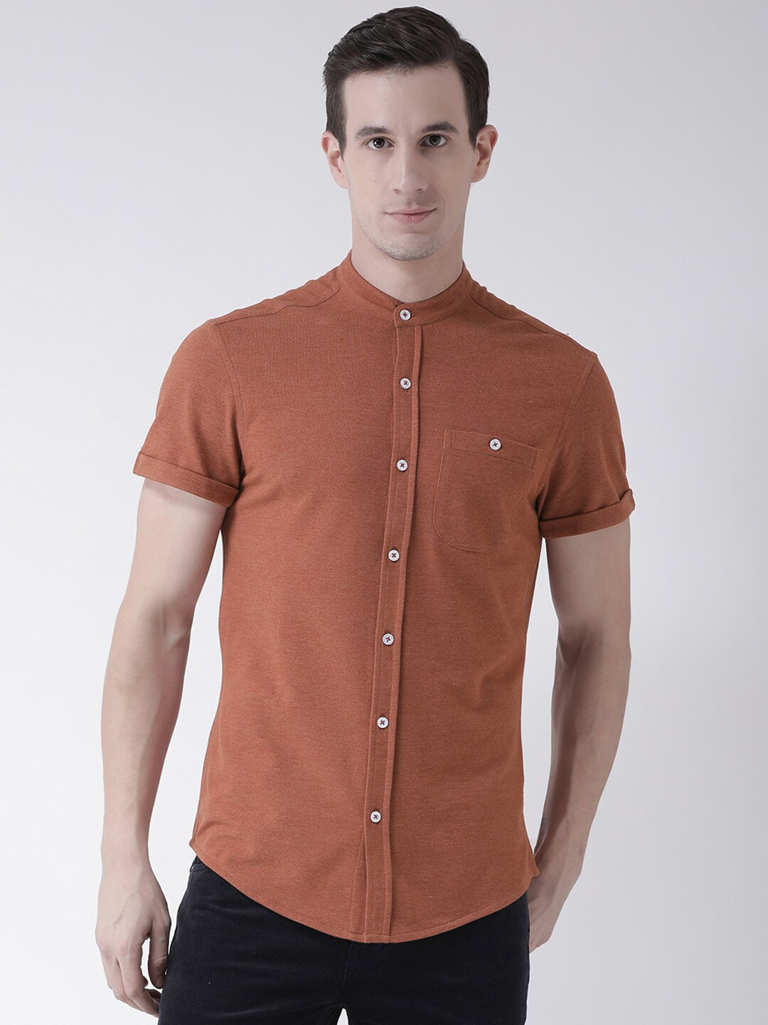 Club York Men Rust Solid Standard Casual Cotton Shirt