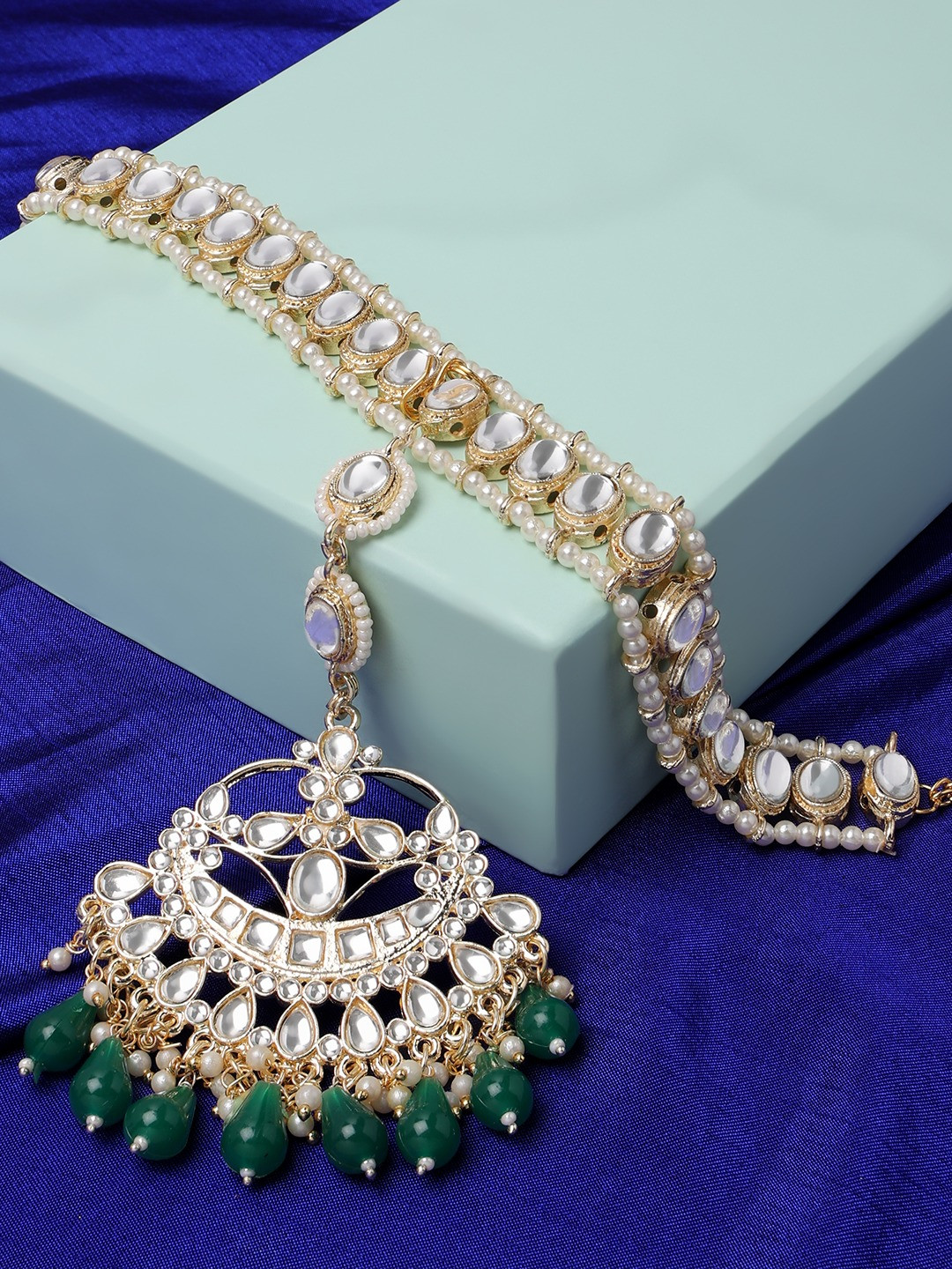Zaveri Pearls Gold-Plated White & Green Stone-Studded Drop Bridal Kundan Matha Patti