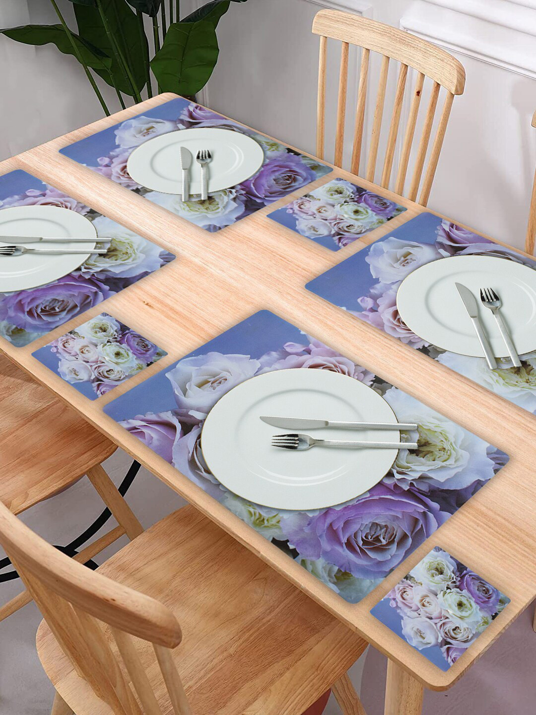Kuber Industries Set of 6 Blue & Pink Floral Printed Table Placemats & Coasters Set
