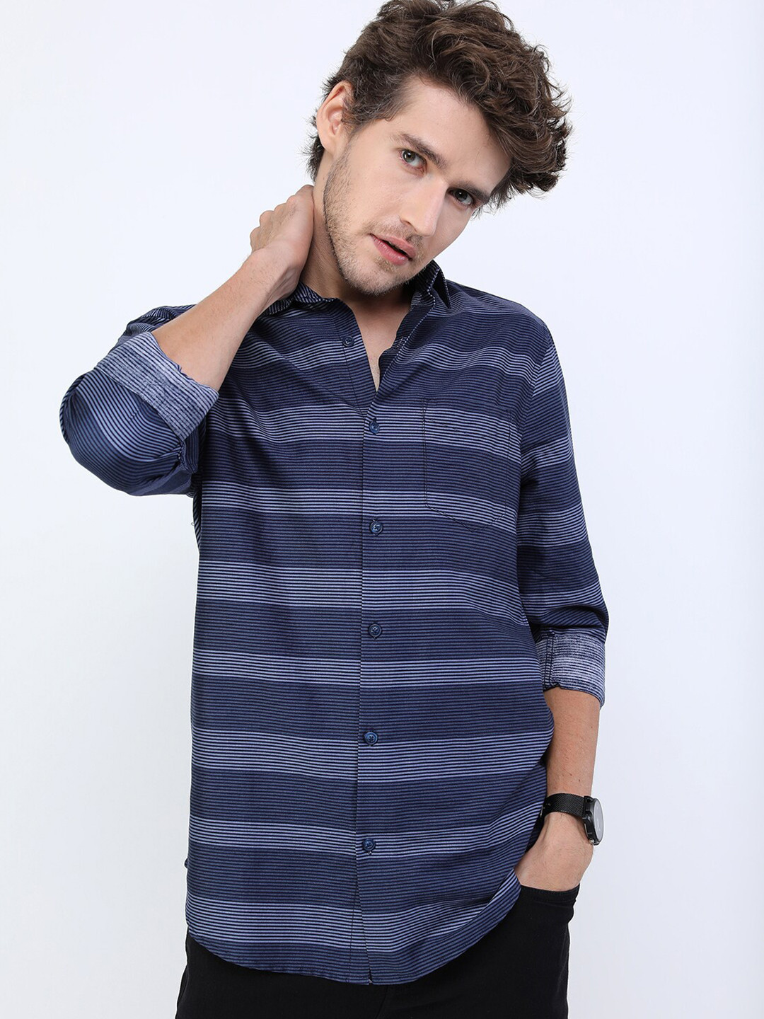 HIGHLANDER Men Navy Blue Slim Fit Horizontal Stripes Striped Casual Shirt