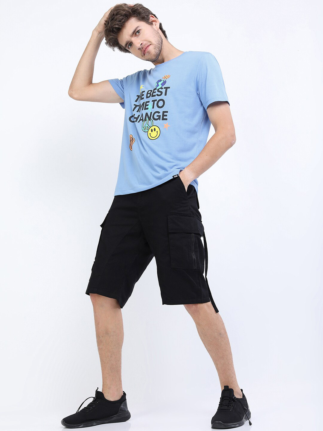 HIGHLANDER Men Blue & Black Typography Printed Slim Fit T-shirt