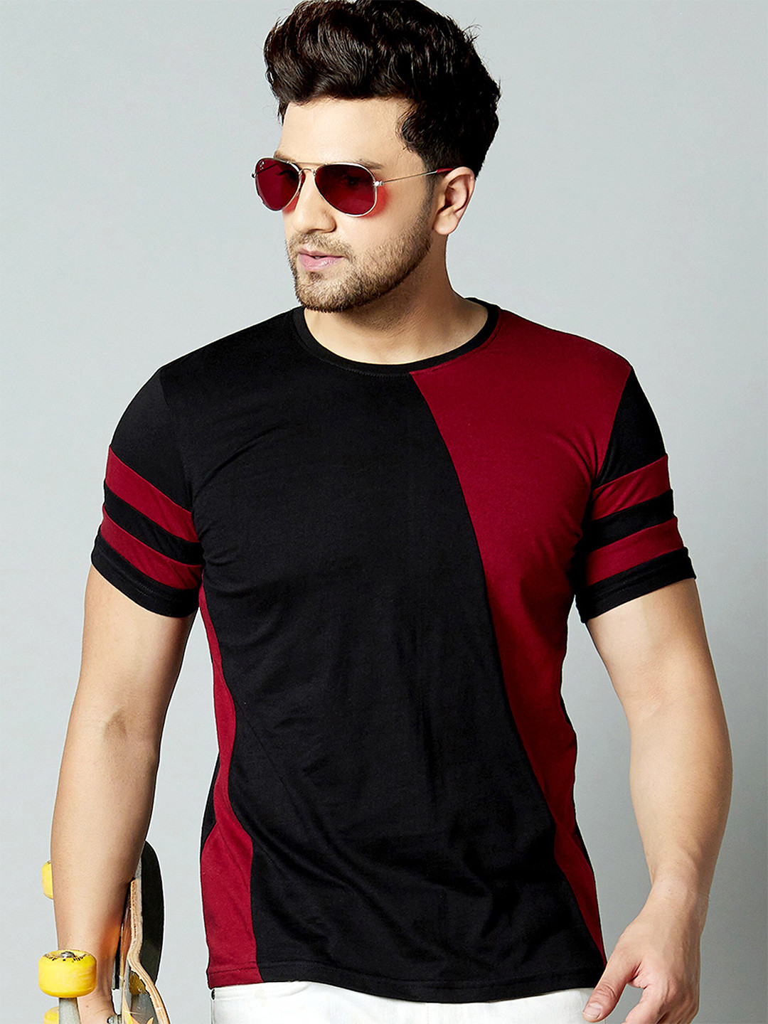 AUSK Men Black & Maroon Colourblocked Round Neck Cotton T-shirt
