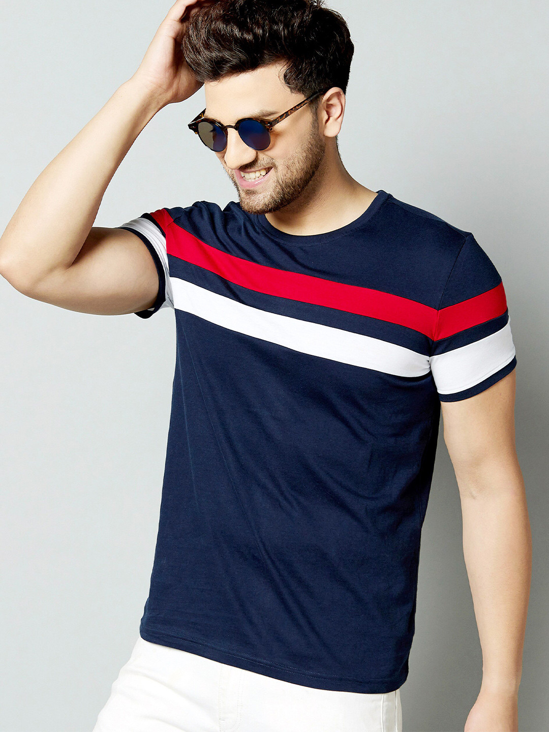 AUSK Men Blue Colorblocked Cotton T-shirt With Mask