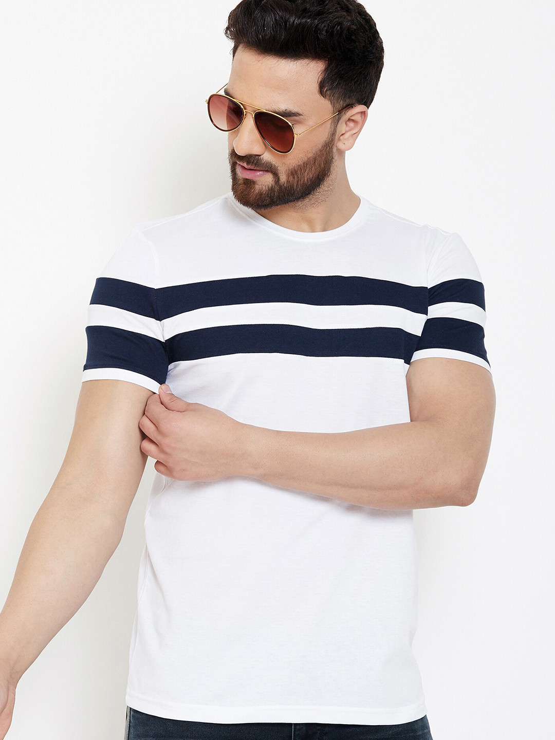 AUSK Men White & Navy Blue Cotton Striped T-shirt