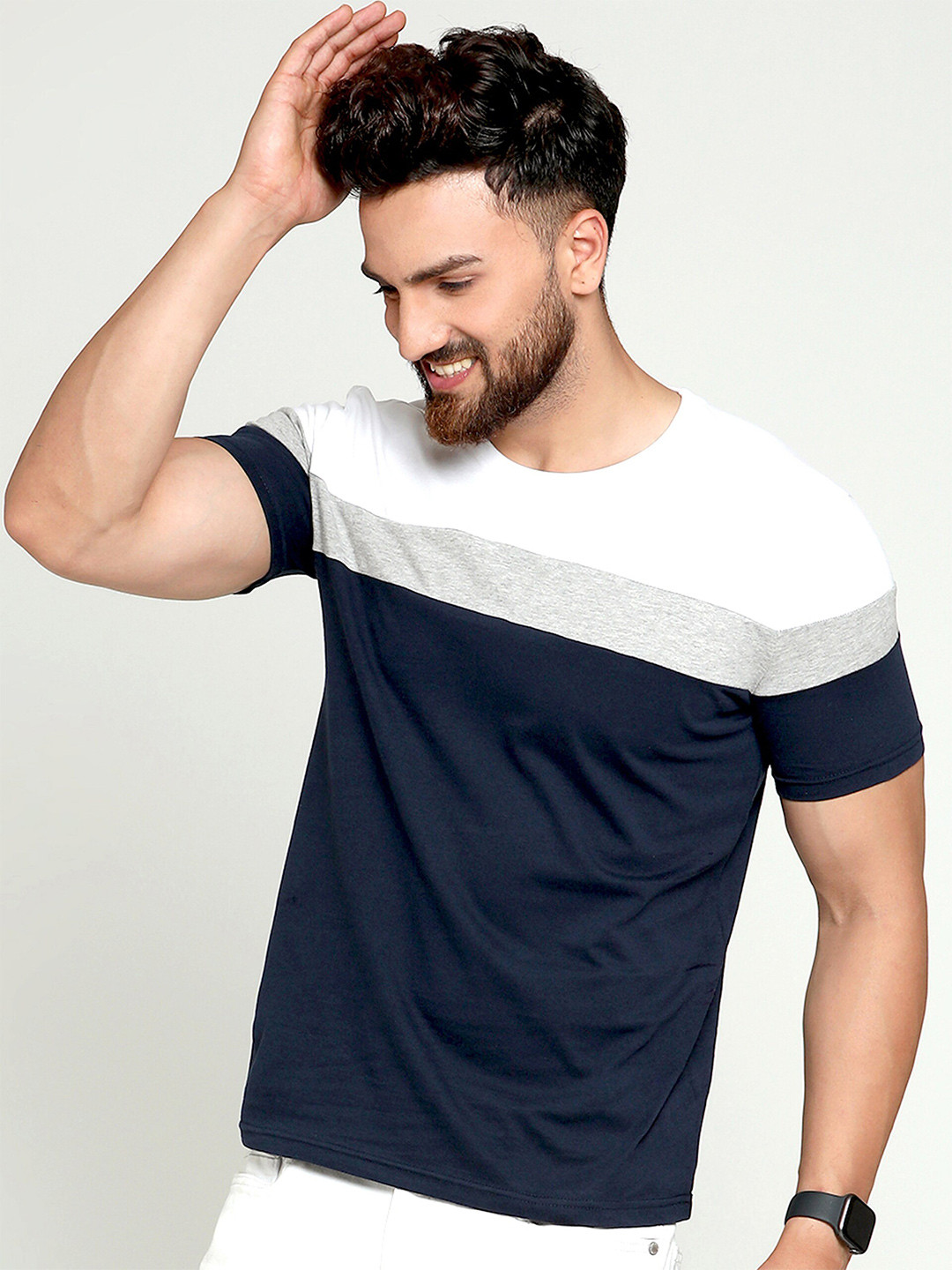AUSK Men Blue & White Colourblocked T-shirt with Mask