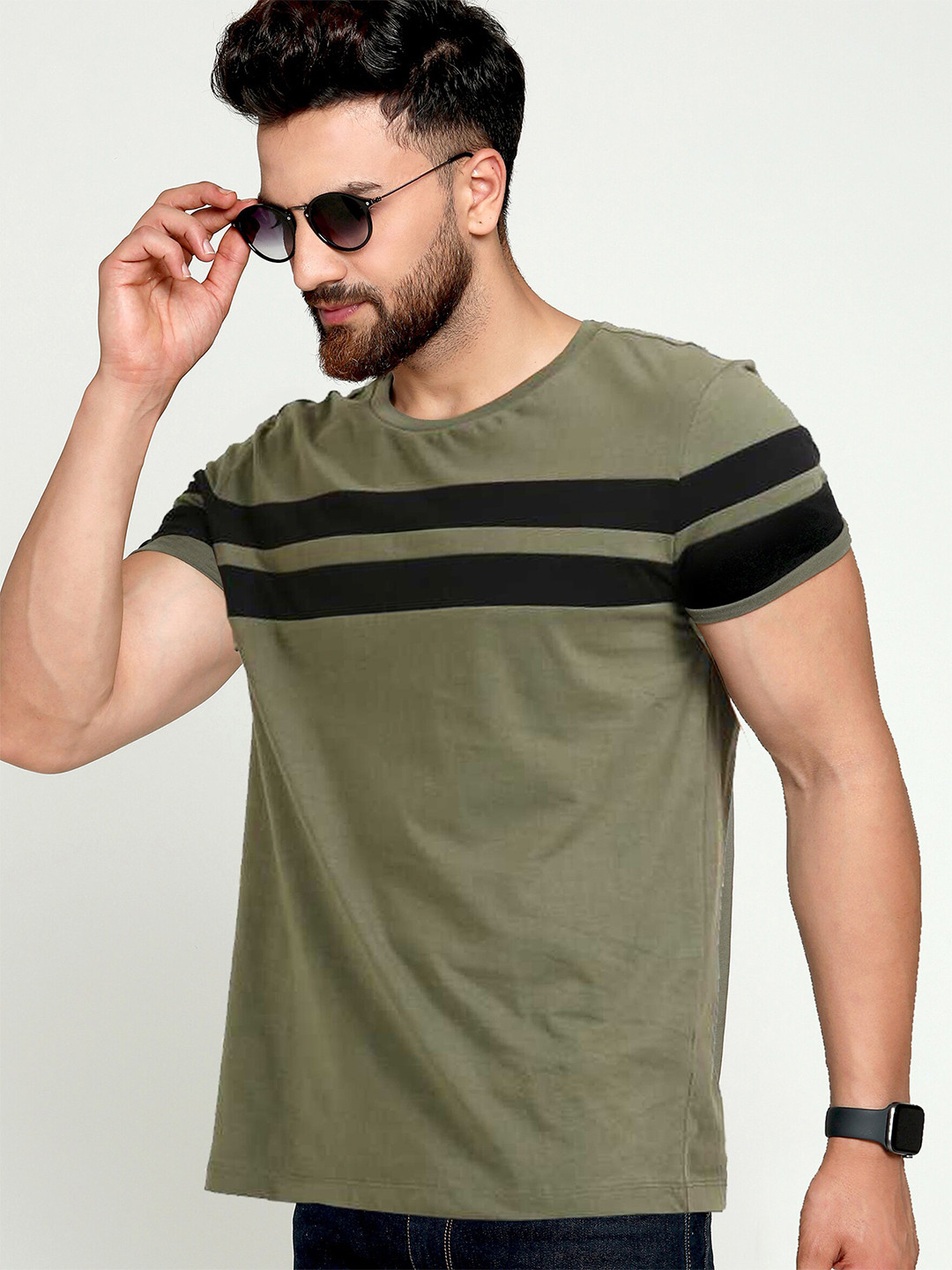 AUSK Men Green & Black Striped T-shirt