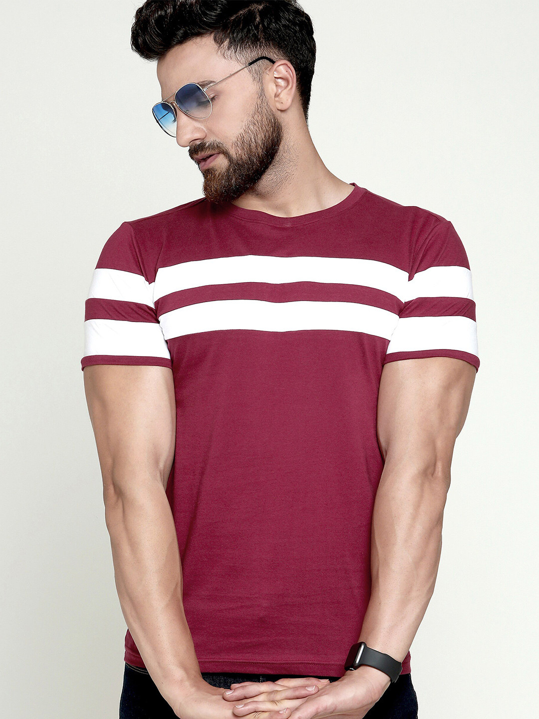 AUSK Men Maroon Striped T-shirt with Mask