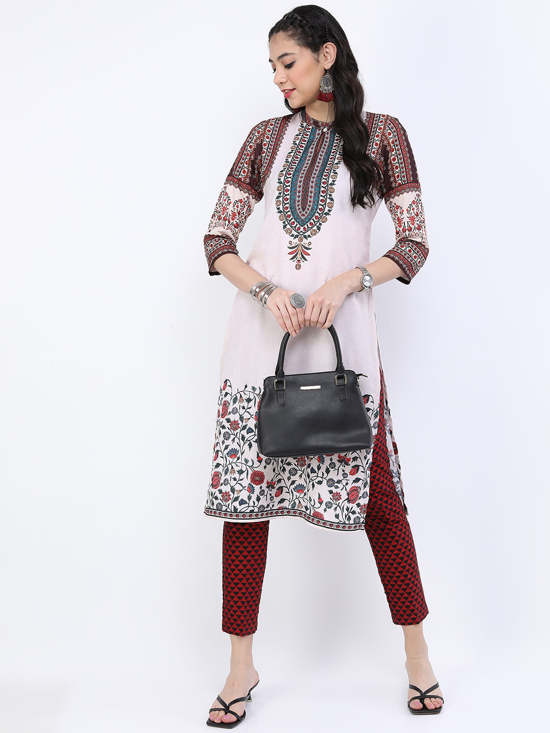 Vishudh Women Cream-Coloured & Maroon Ethnic Motifs Printed Kurta