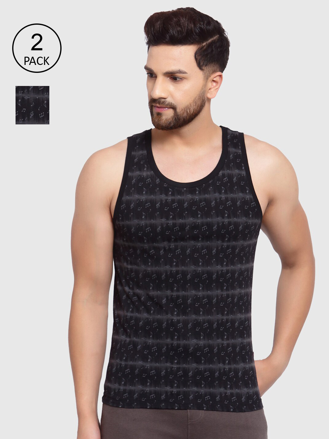 SPORTO Men Black Printed Cotton Gym Vest