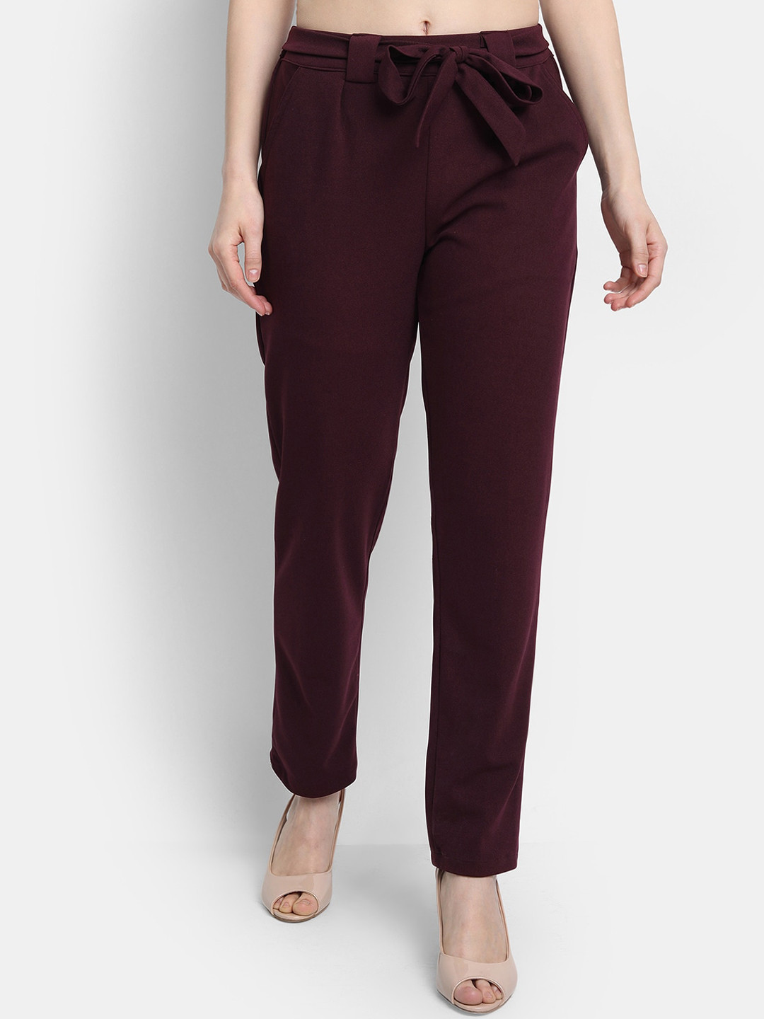 Golden Kite Women Burgundy Tailored High-Rise Wrinkle Free Pleated Trousers