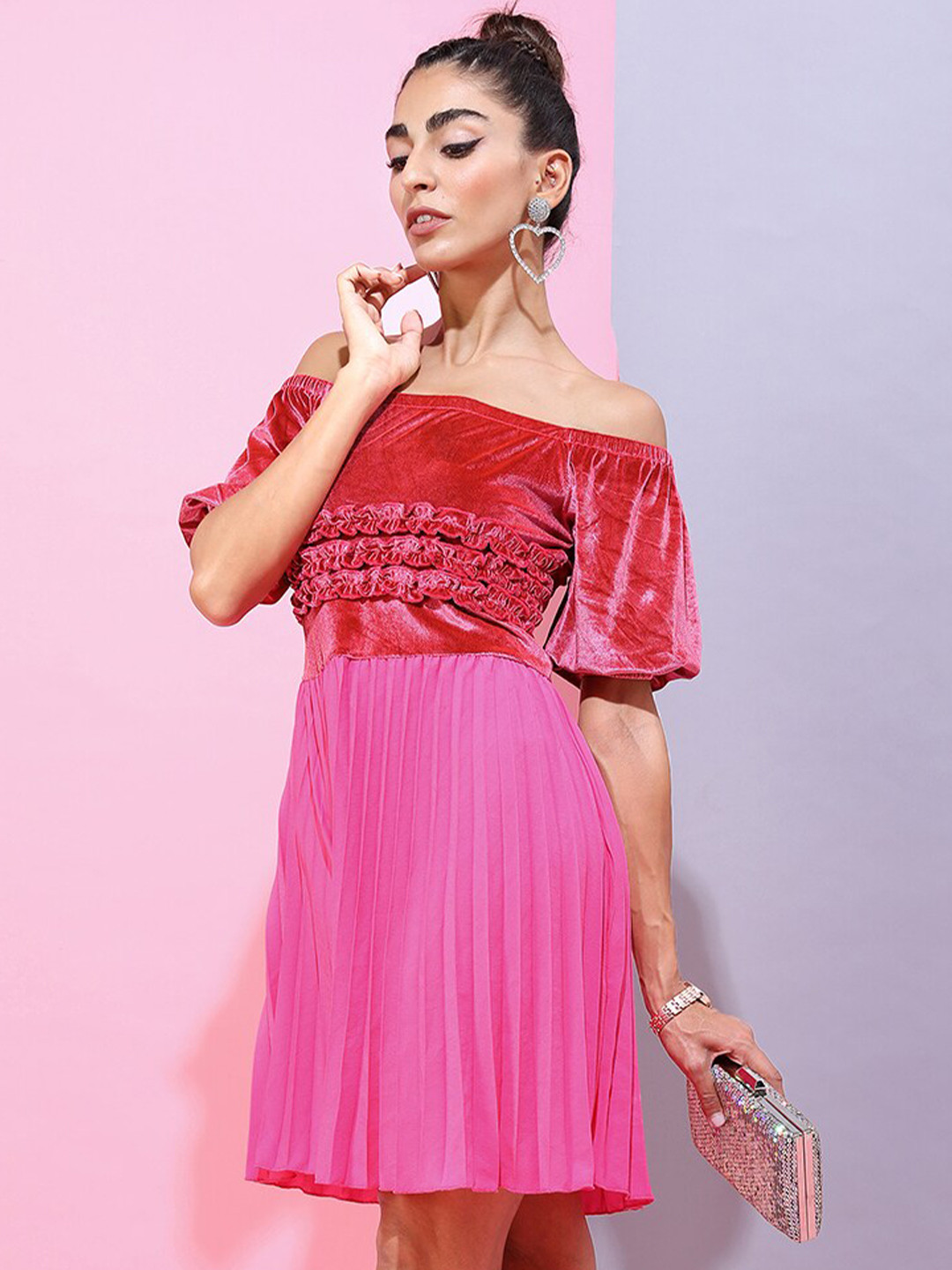 Tokyo Talkies Pink Velvet Off-Shoulder Dress