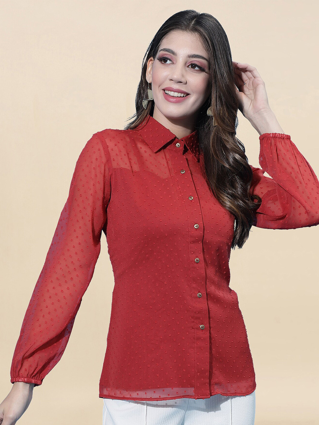 Selvia Women Rust Semi Sheer Casual Shirt